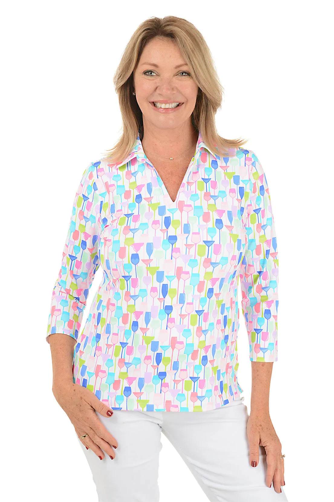 White Wine Glasses UPF50  3/4 Sleeve Polo Top Quick Release Fasteners UltraSoft Blend