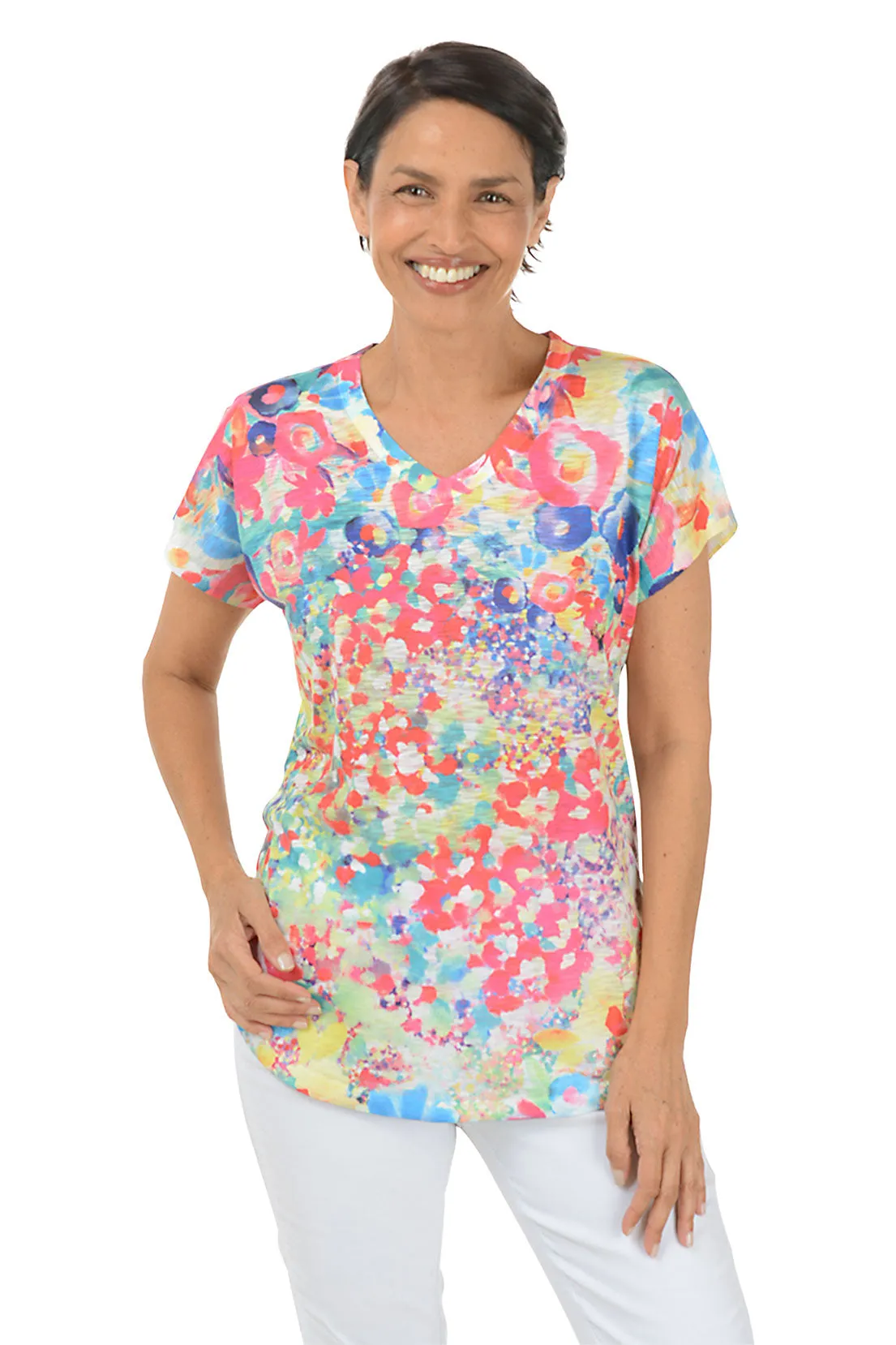 Elasticized Waistband Hidden Zipper Meadows Short Sleeve Slub Knit Top