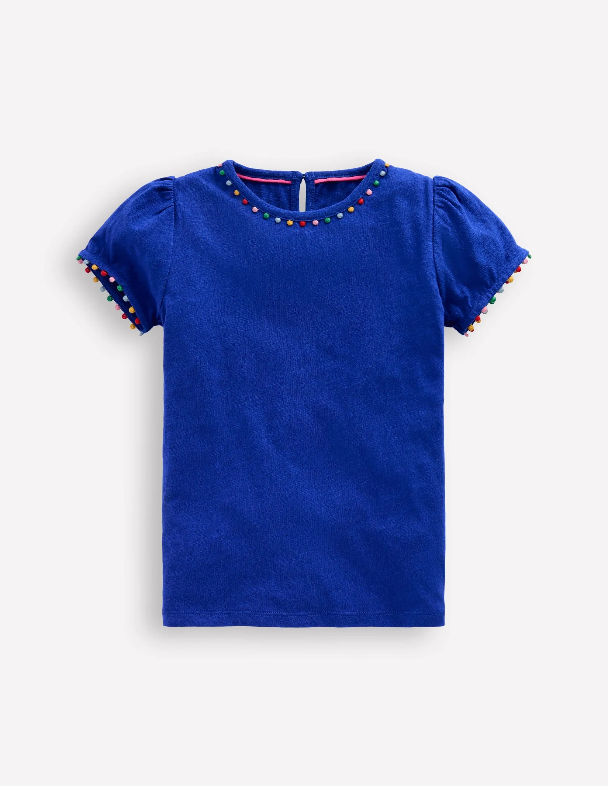 Ali Puff Sleeve Pom T-Shirt-Bright Blue Preppy