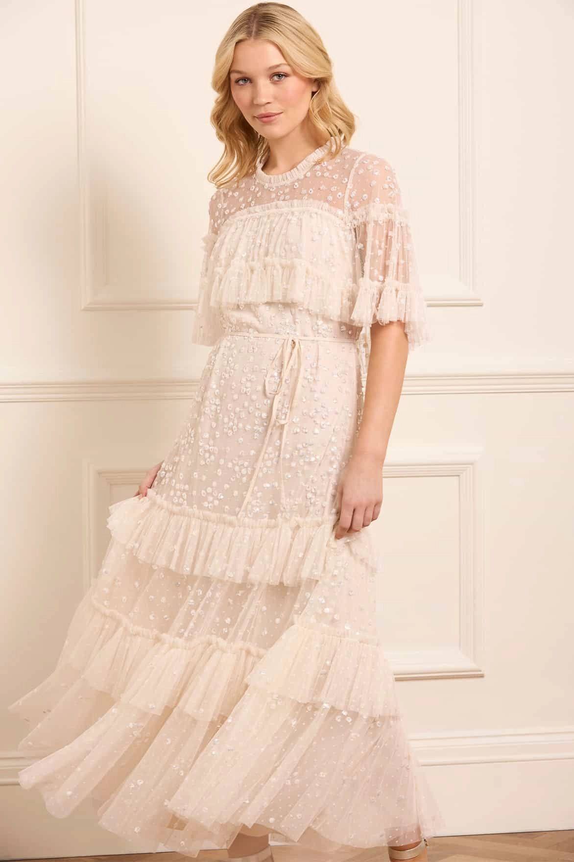 Boxy-Style Leila Dot Tiered Cape Ankle Gown