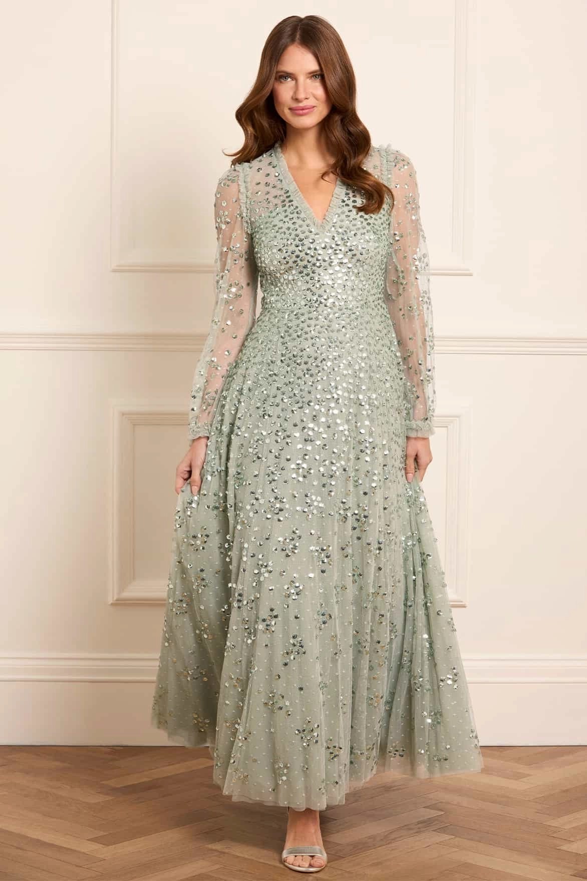 Side-Slit Leila Dot V-Neck Ankle Gown