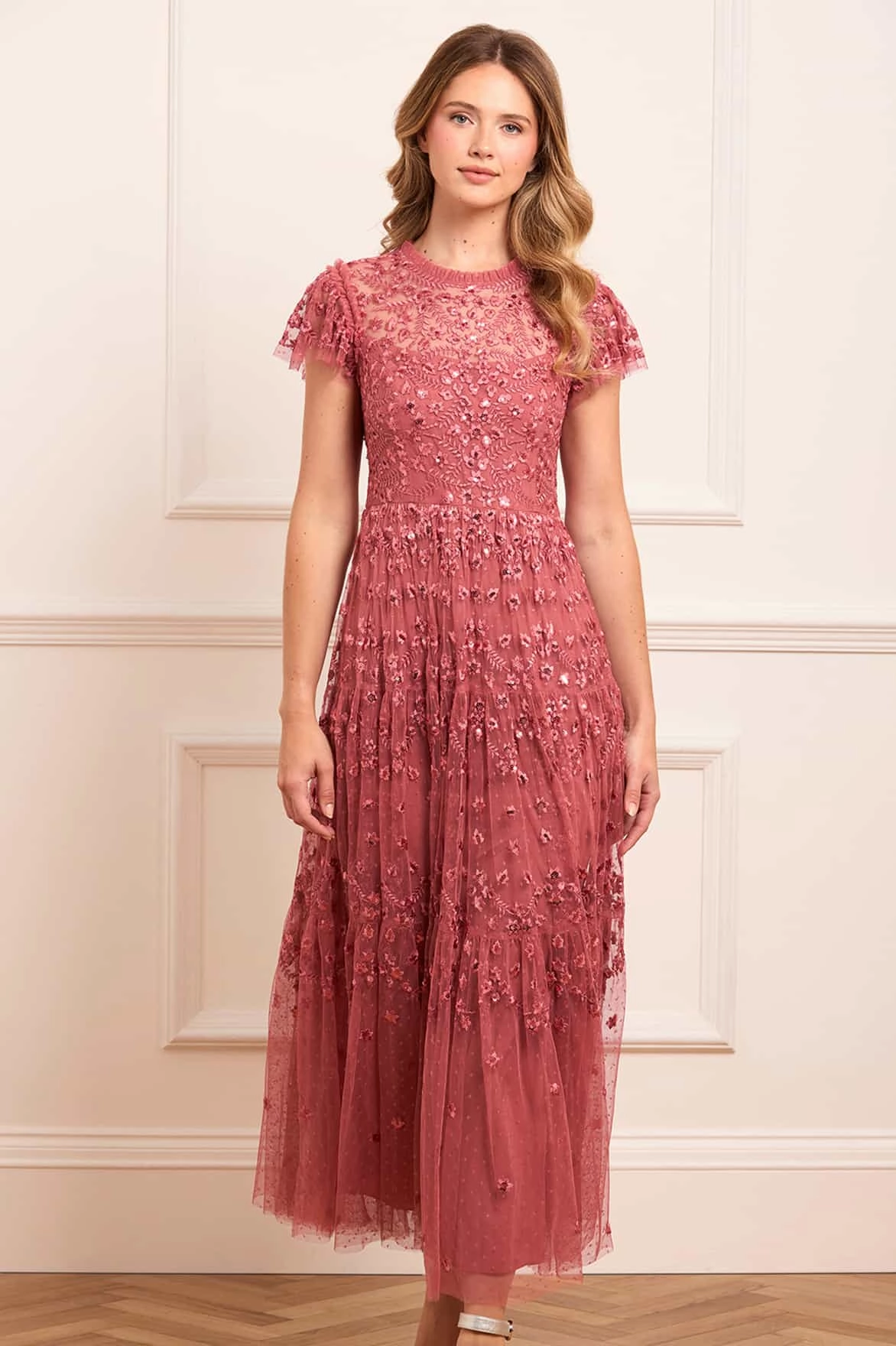 Scoop-Neck Clover Short Sleeve Ankle Gown