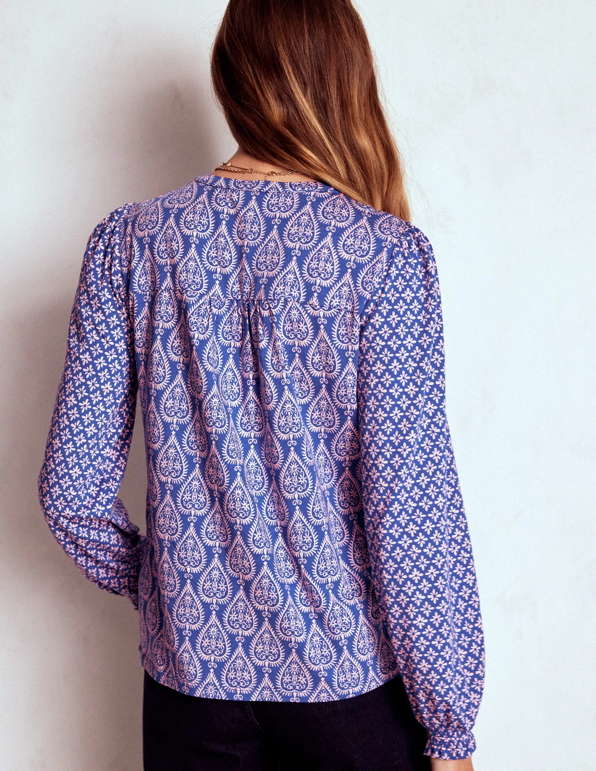 Elsa Smocked Yoke Jersey Shirt-Bright Blue, Ornate Geo Quick Dry Performance Durable Reinforced Elbow Patches