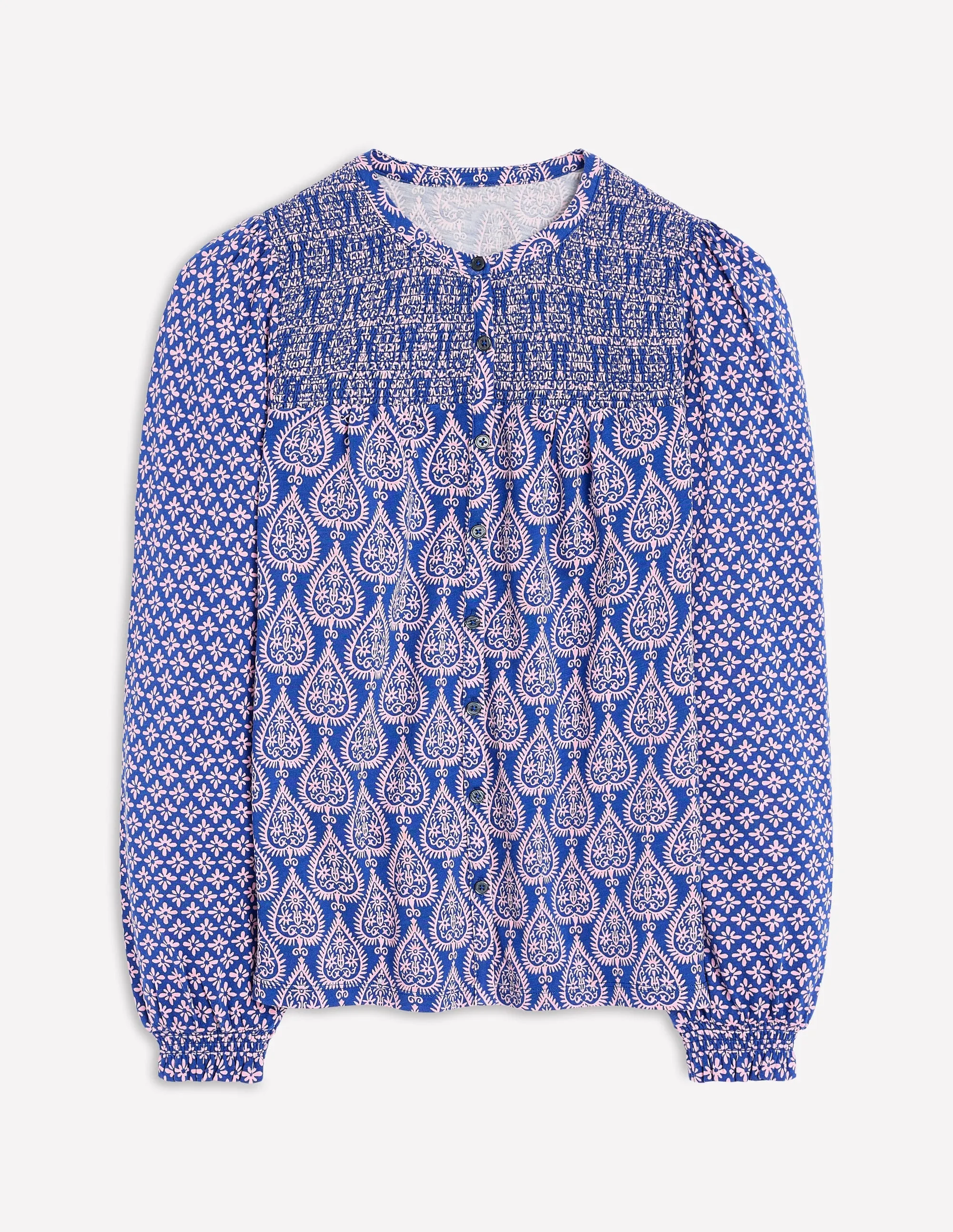 Adjustable Cuff System Elsa Smocked Yoke Jersey Shirt-Bright Blue, Ornate Geo