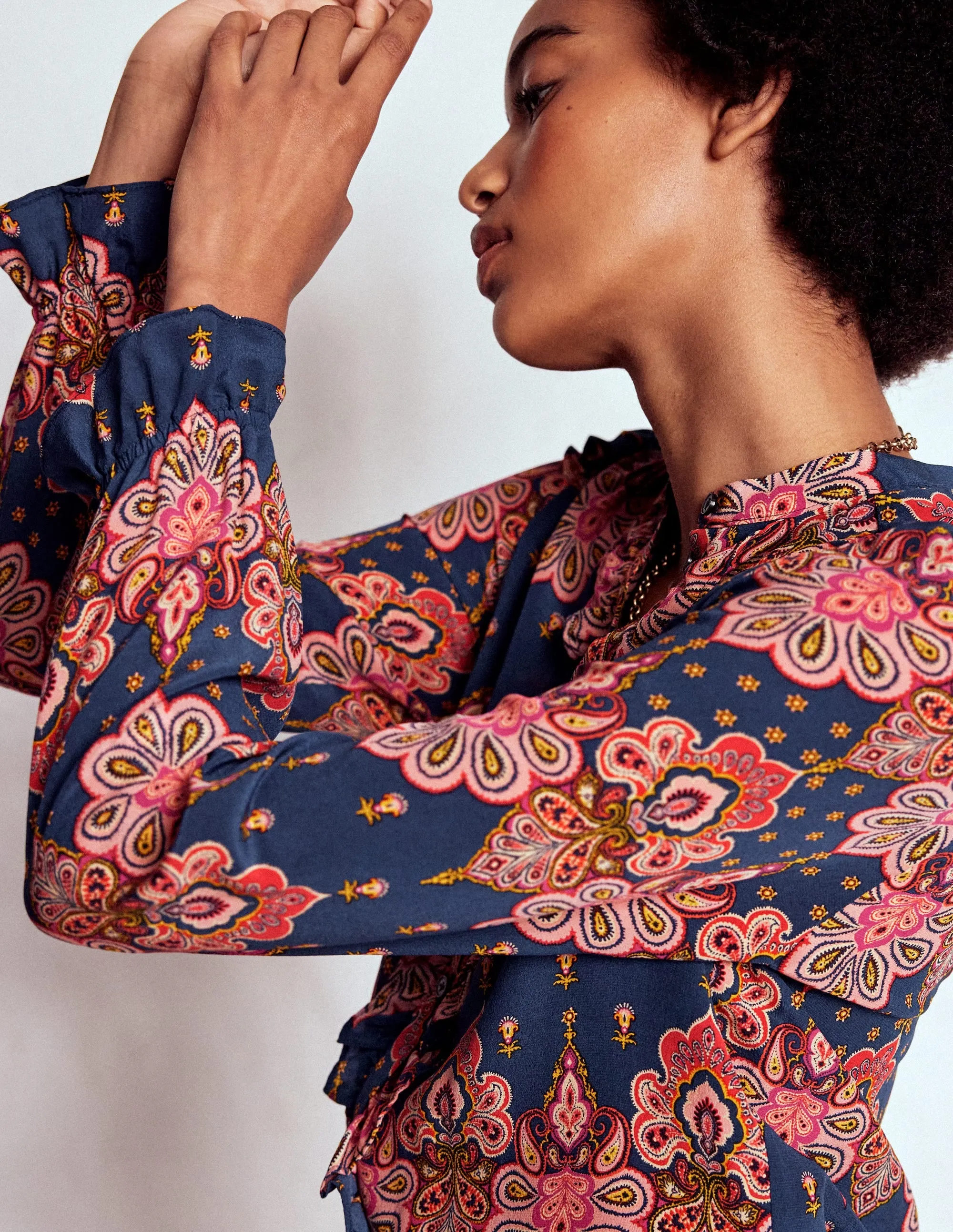 FadeResistant Finish Alice Frill Front Silk Top-Navy, Embellished Paisley