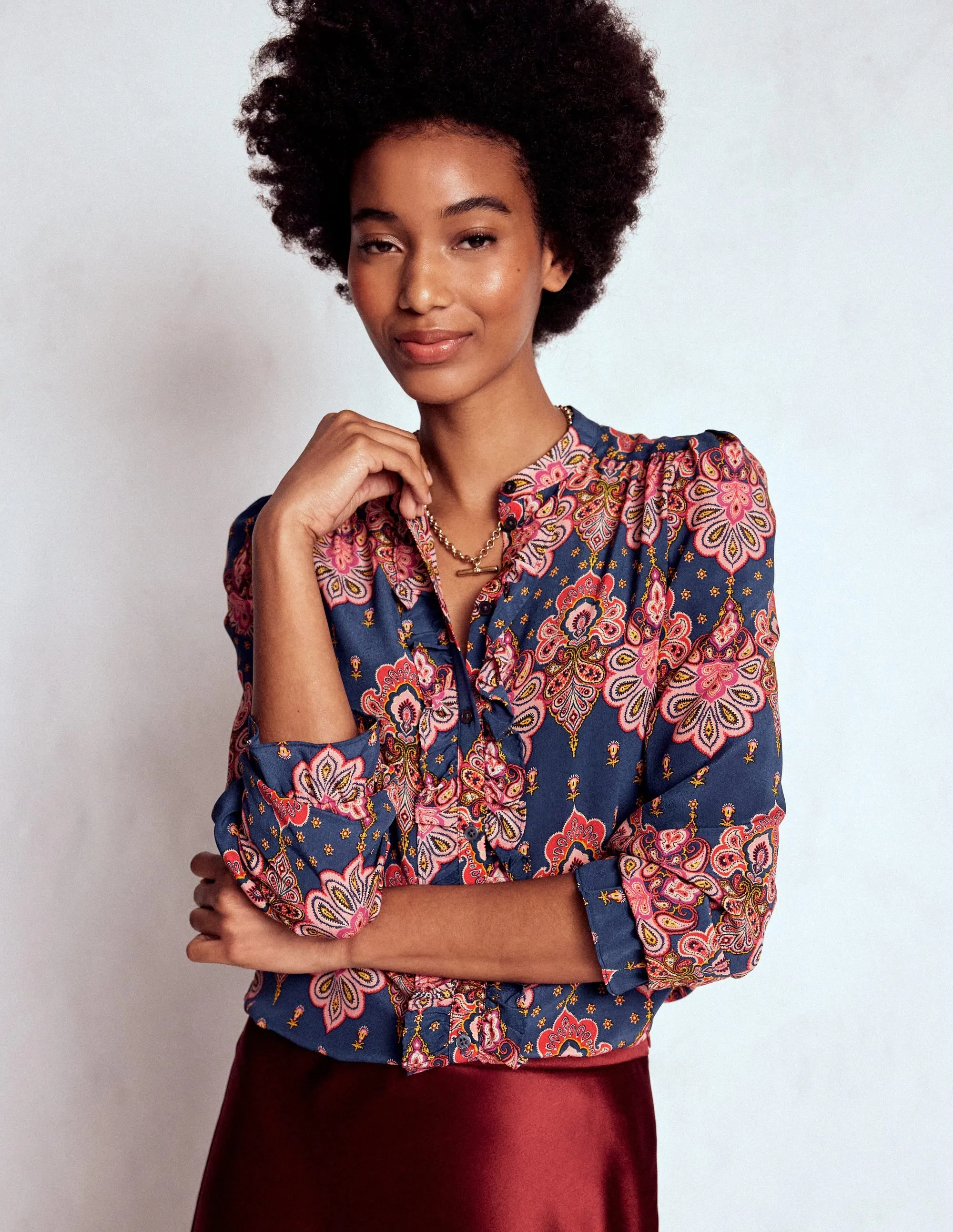 ColorfastMaterial Alice Frill Front Silk Top-Navy, Embellished Paisley