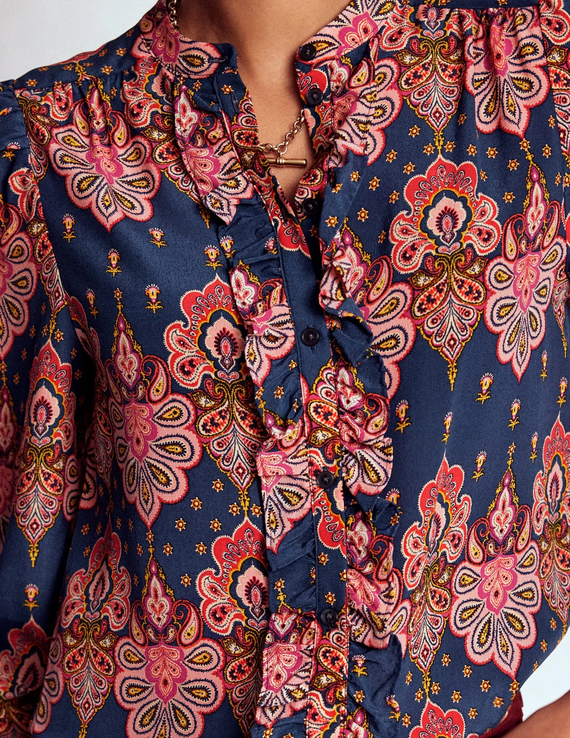 UniversalFit WideNeckline Alice Frill Front Silk Top-Navy, Embellished Paisley