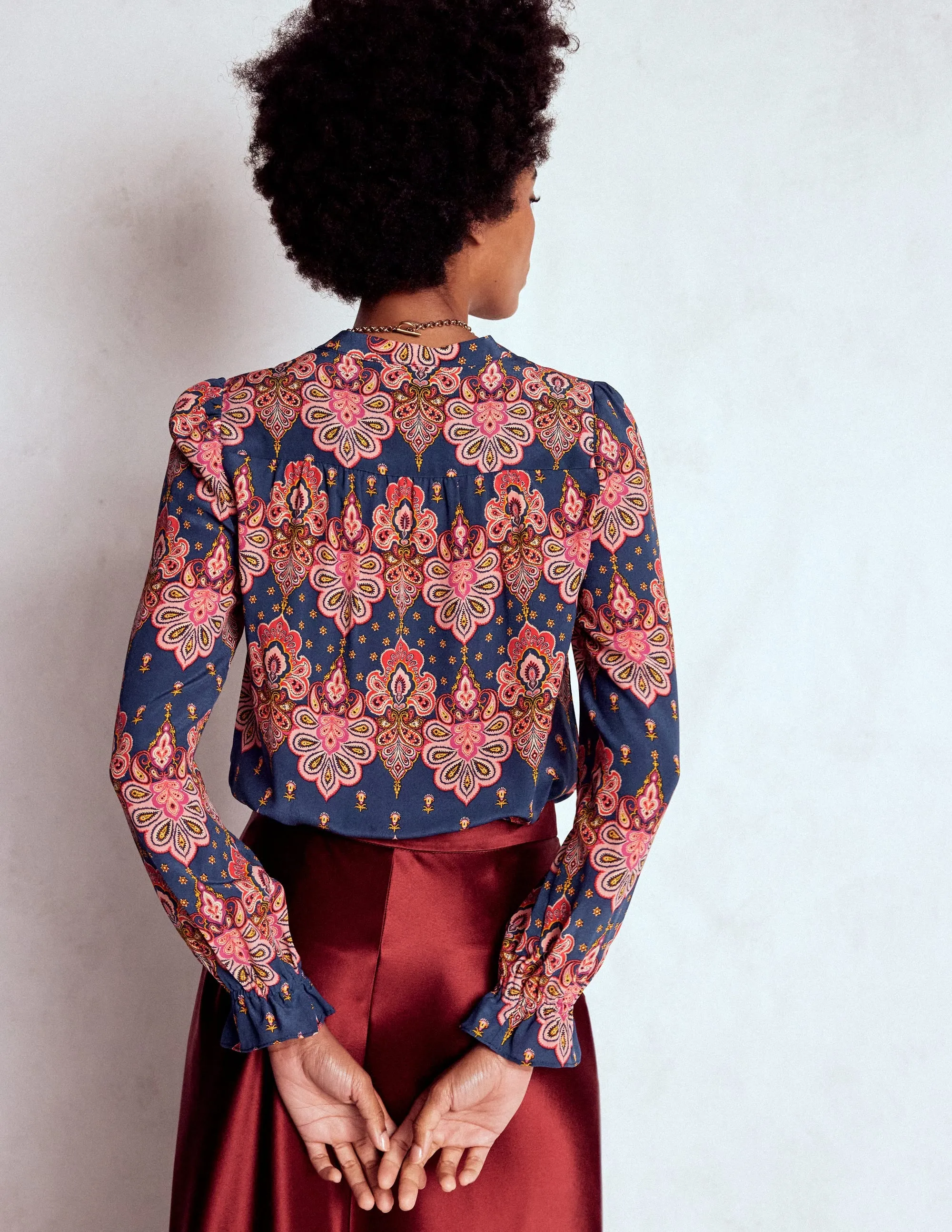 Biodegradable Fiber Blend Alice Frill Front Silk Top-Navy, Embellished Paisley