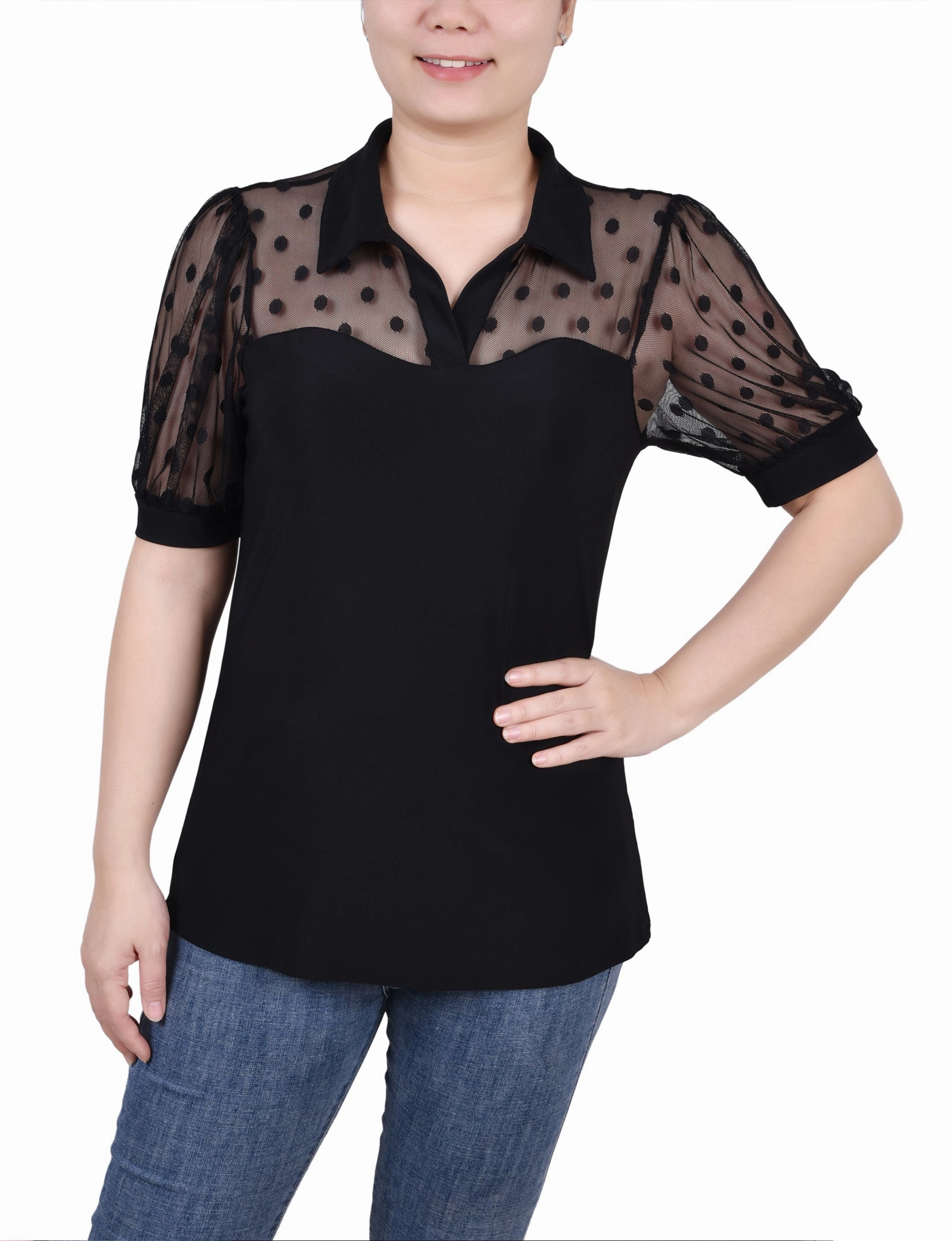 Low Profile Collar Petite Short Sleeve Top With Dotted Mesh