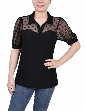 Petite Short Sleeve Top With Dotted Mesh Flexible Design