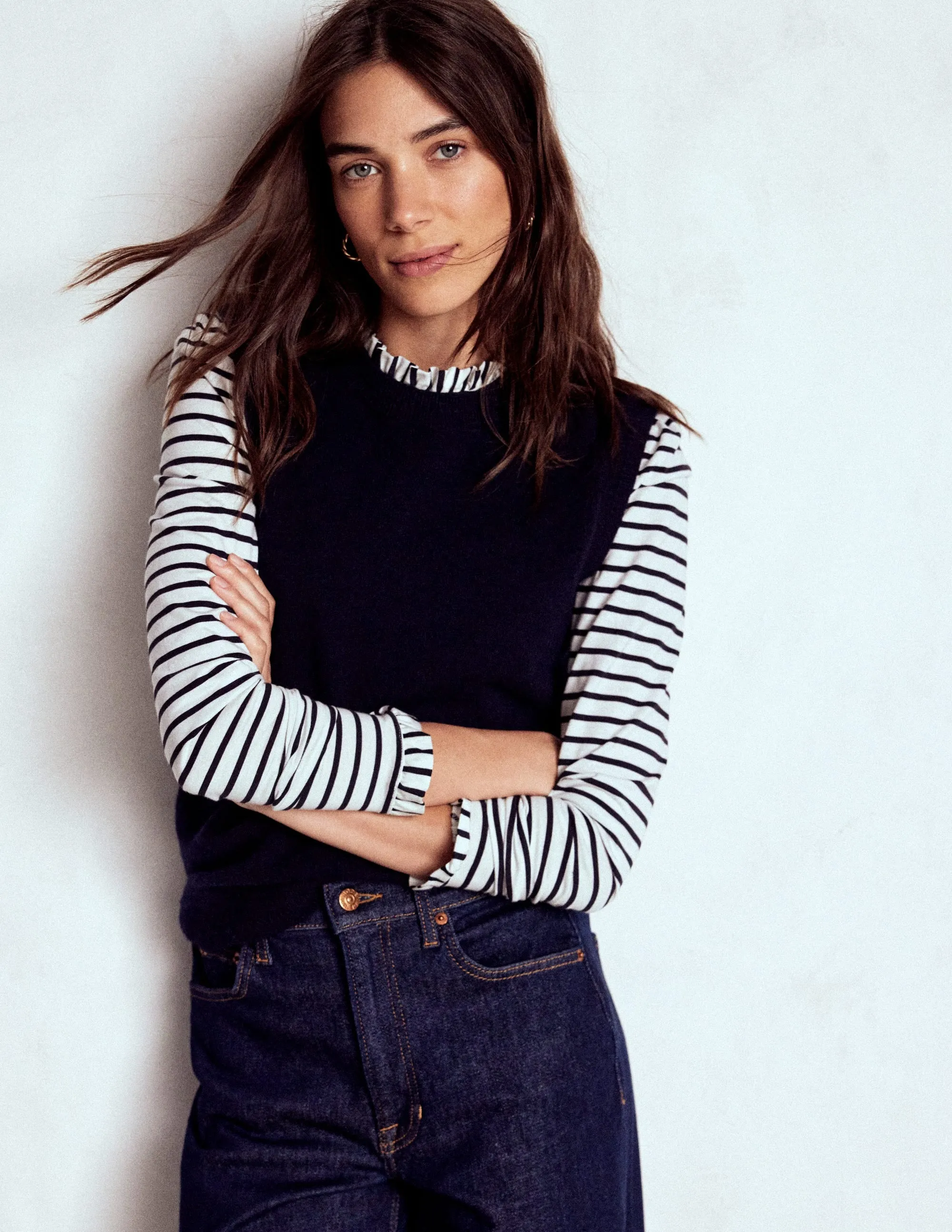 Supersoft Frill Detail Top-Ivory / Navy Stripe Four Way Stretch Compression Fit Technology