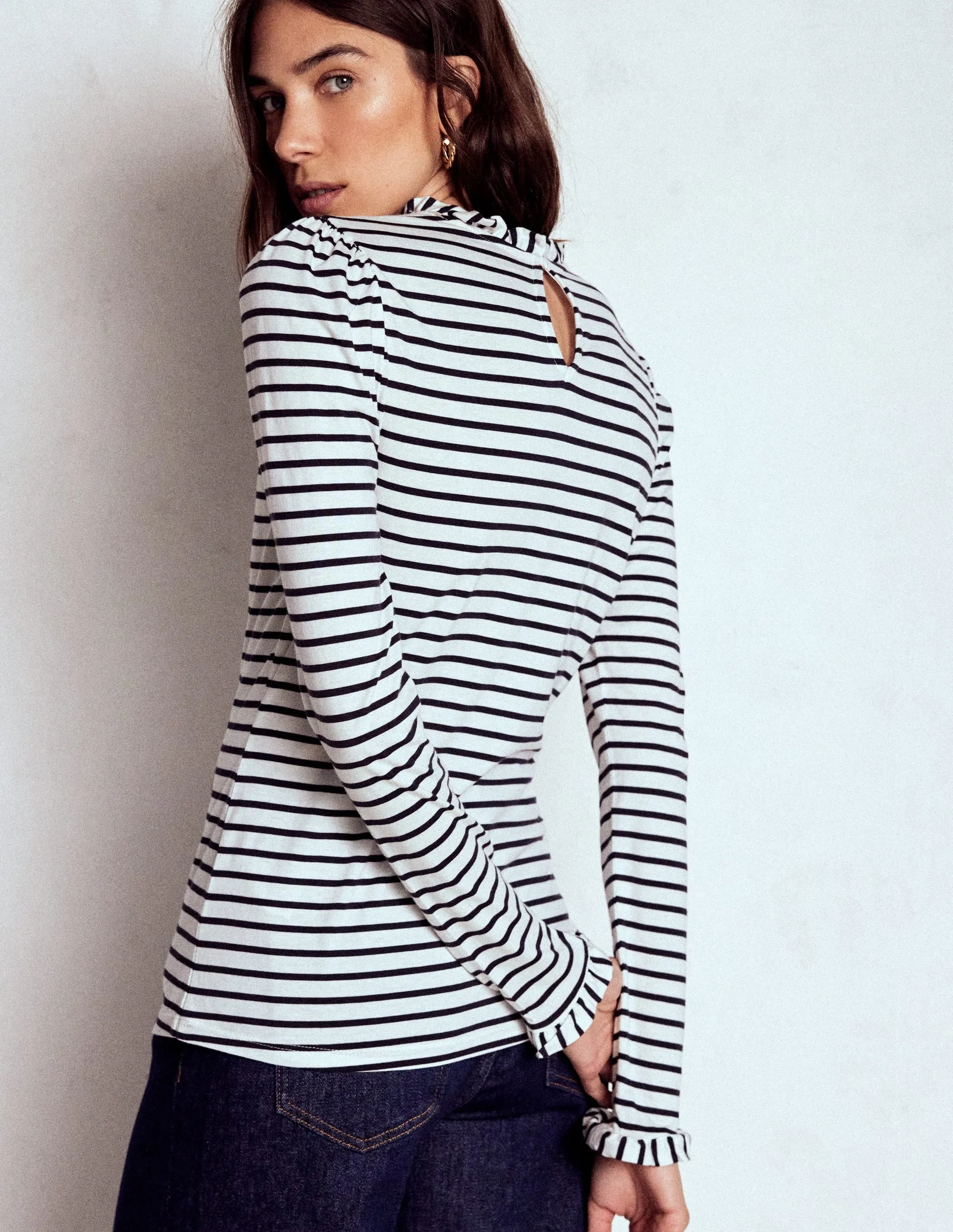 HighStrength Threadwork Supersoft Frill Detail Top-Ivory / Navy Stripe