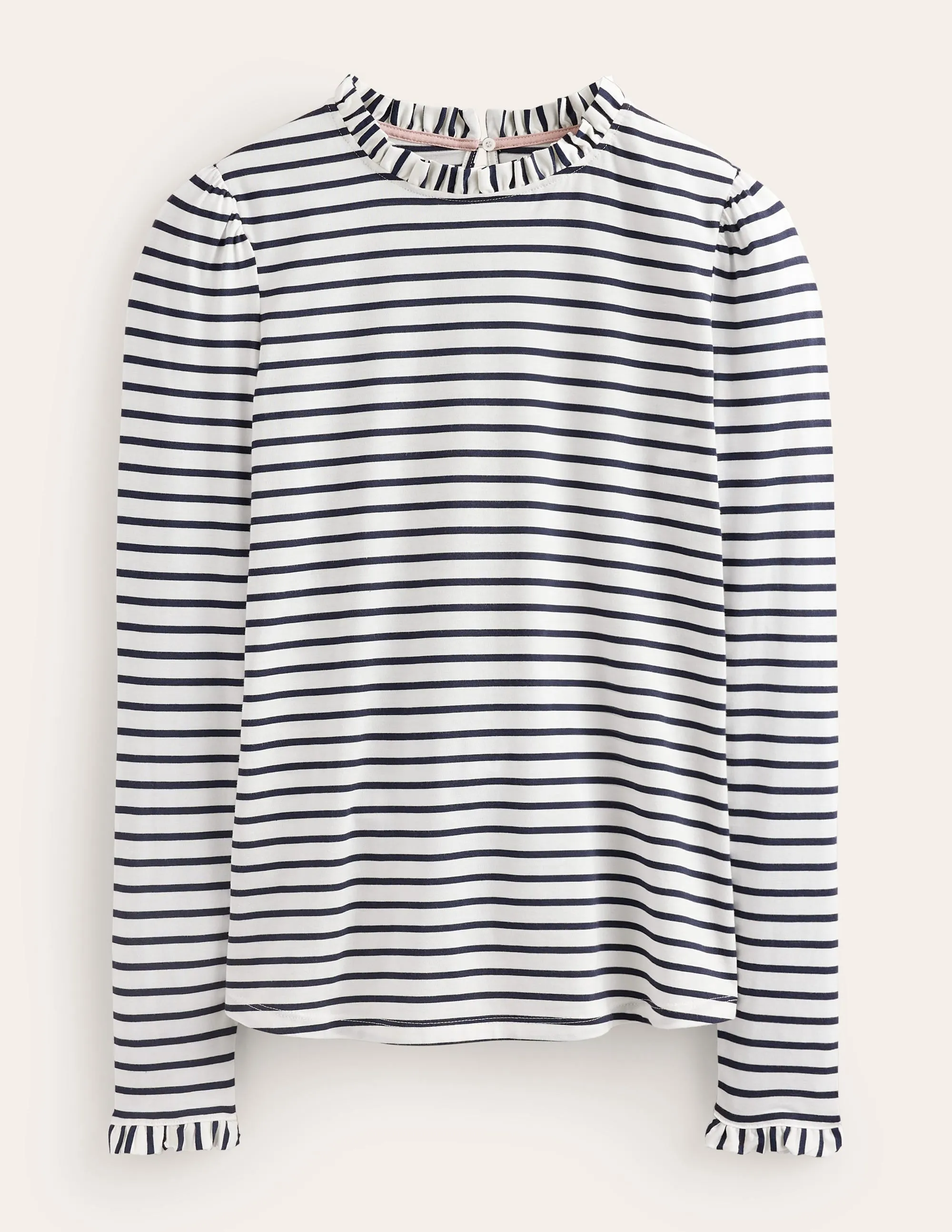 Supersoft Frill Detail Top-Ivory / Navy Stripe Simple Style