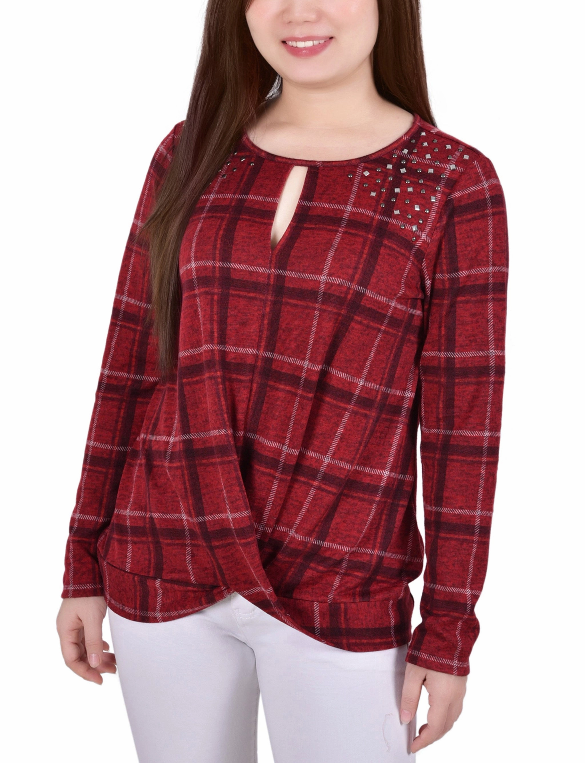 Petite Long Sleeve Knit Keyhole Top With Studs LongSleeve
