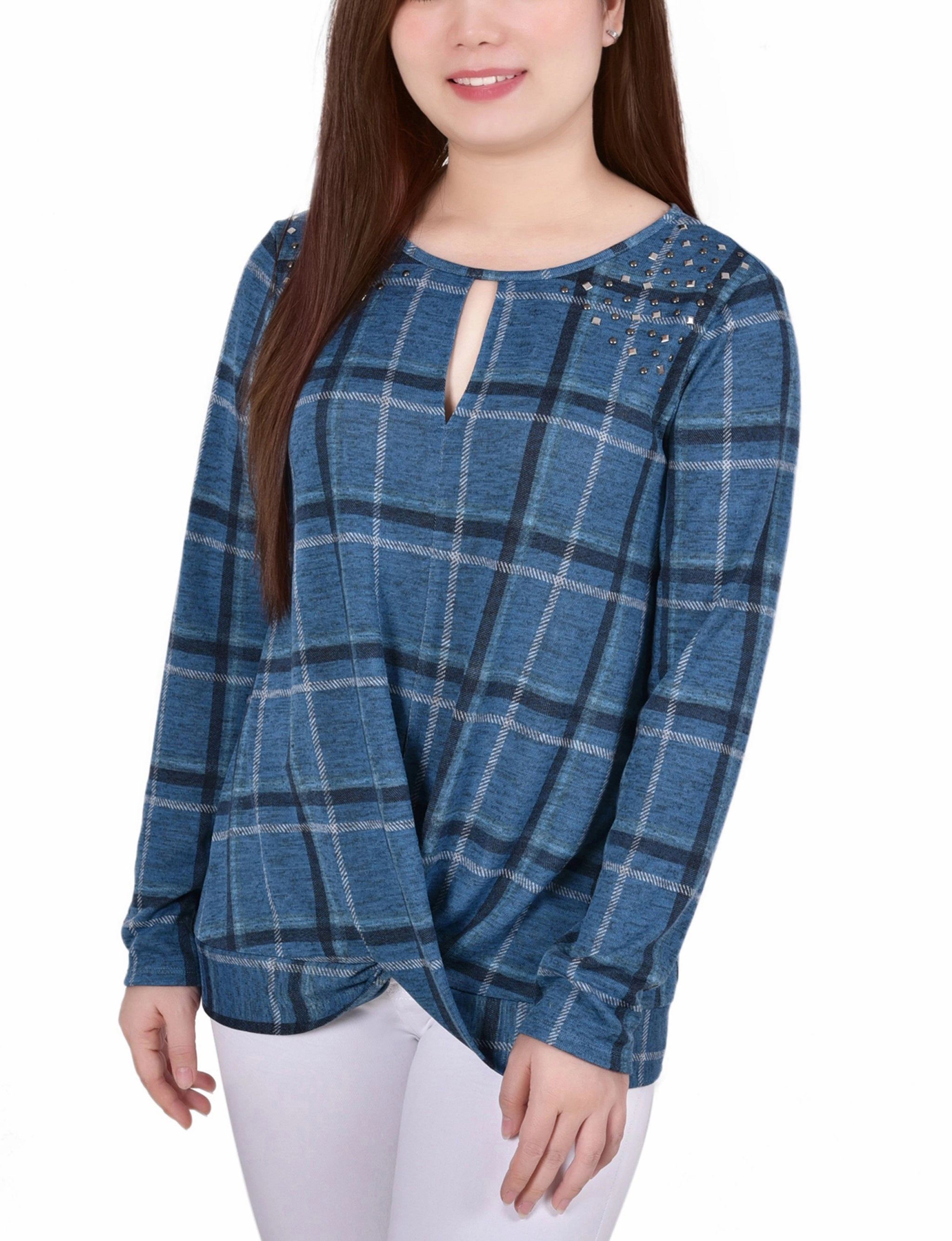 Petite Long Sleeve Knit Keyhole Top With Studs Durable Reinforced Shoulders FlatlockStitching