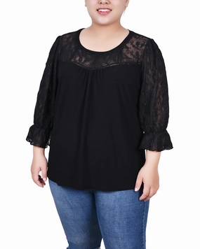 Plus Size 3/4 Sleeve Crepe Top With Embroidered Mesh Yoke And Sleeves ConvertibleCollarSystem TemperatureRegulating Material