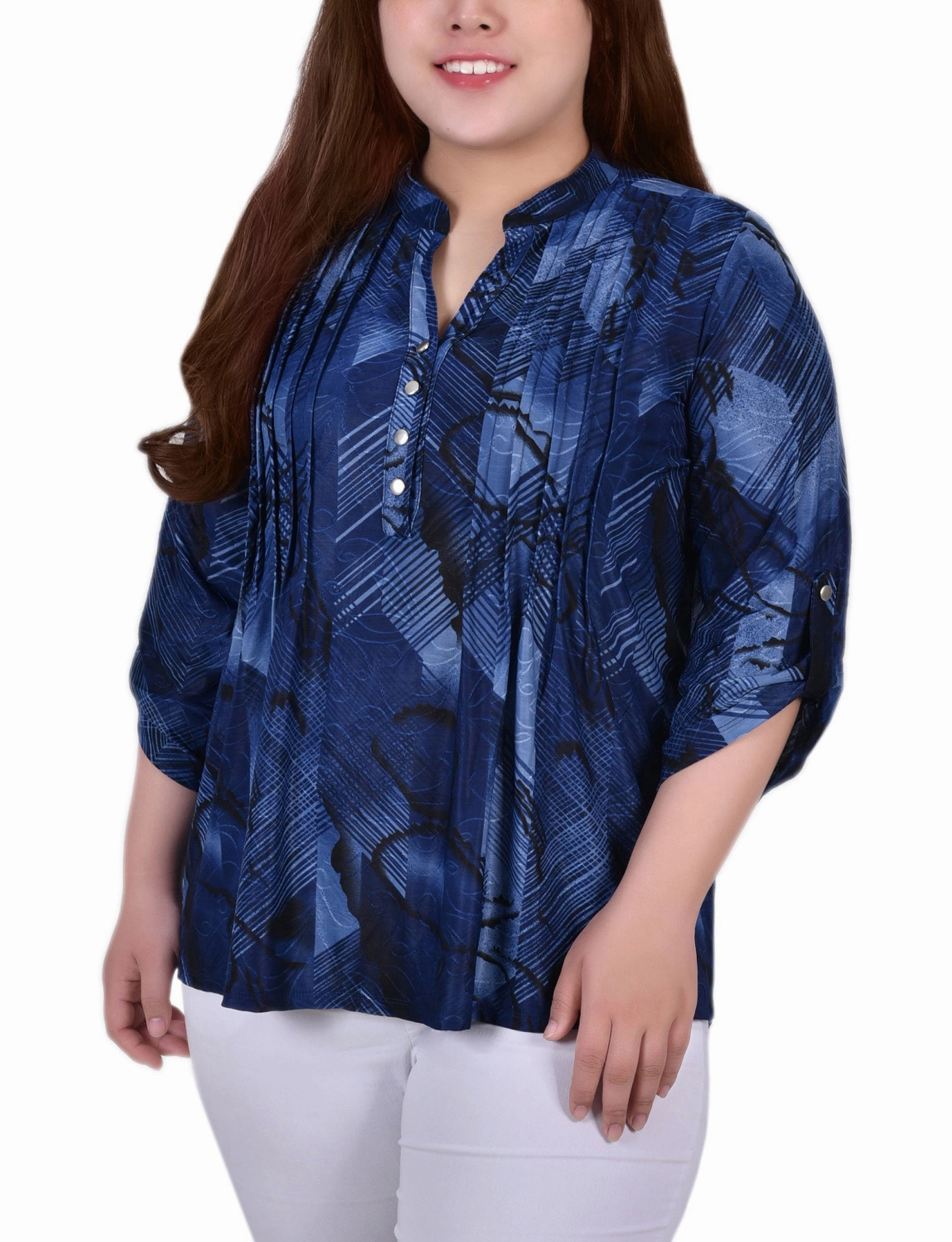 Plus Size 3/4 Roll Tab Sleeve Y Neck Top Bamboo Fiber Fabric