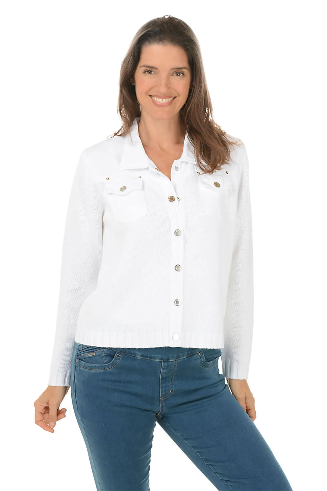 UPF Protective Fabric Button-Front Denim Sweater Jacket