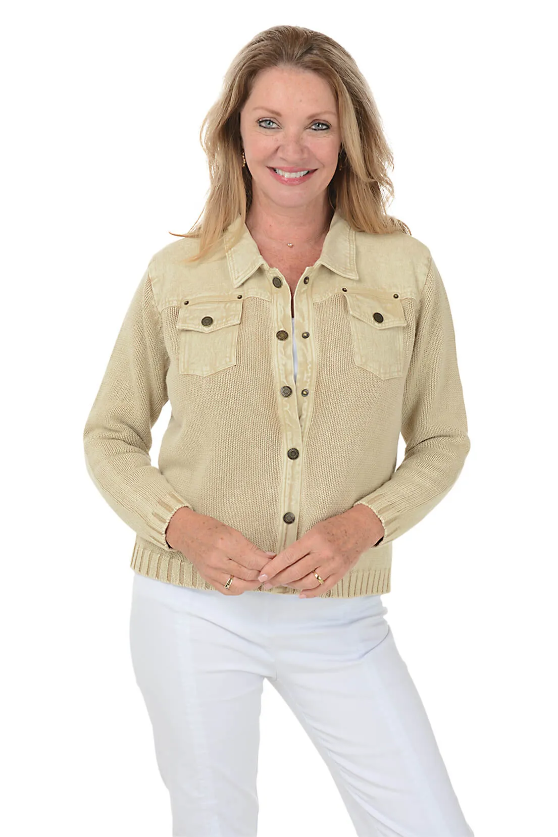 Button-Front Denim Sweater Jacket WaterRepellent Finish