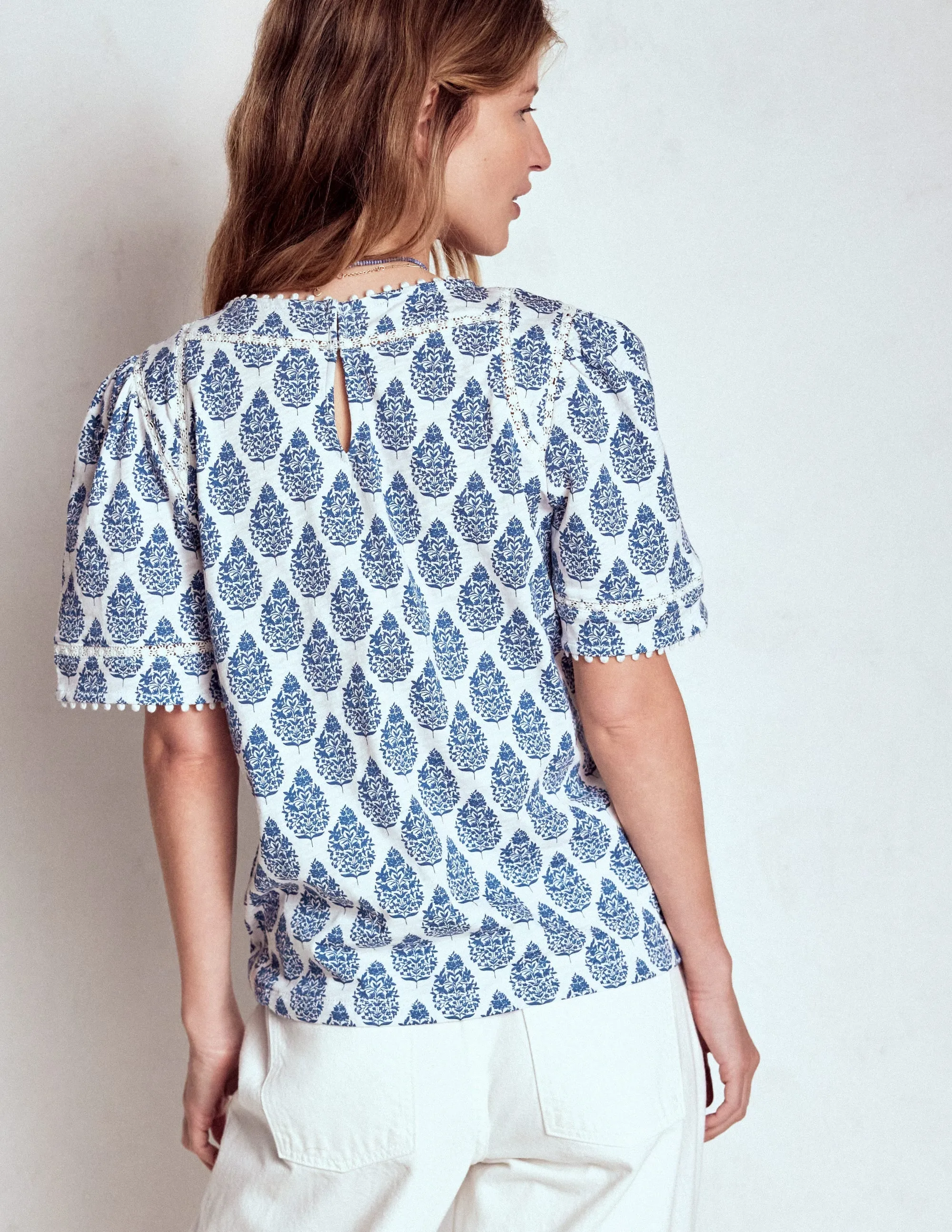 Office Look Winter Wardrobe Mila Lace Trim Top-Denim Blue, Wildflower Bouquet