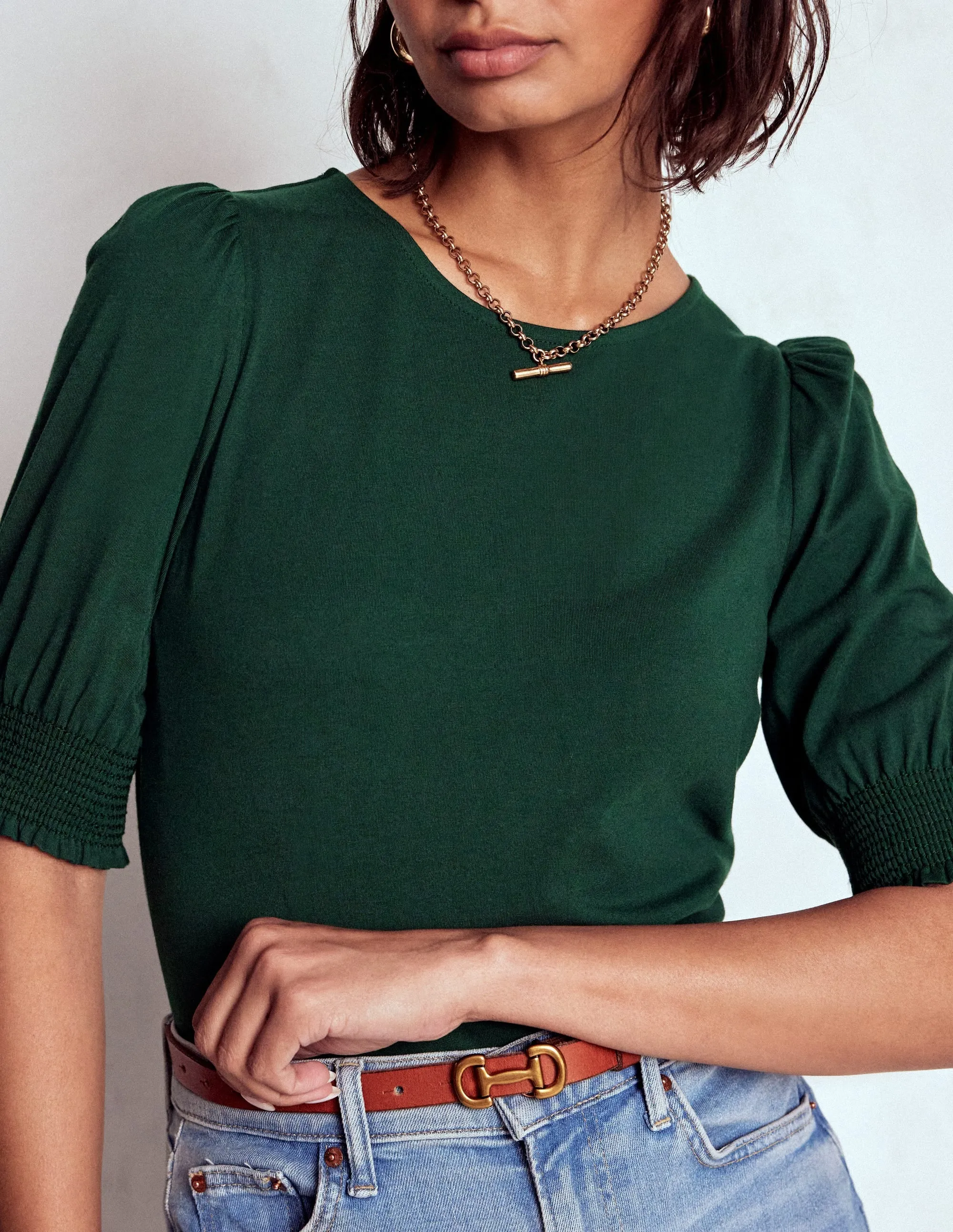 Short Sleeve Smocked Cuff Top-Green Pine MinimalistAesthetic Layered Hem Detailing