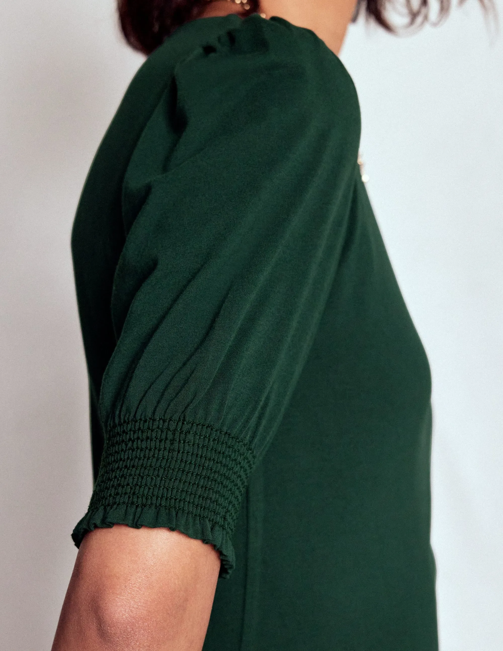 Short Sleeve Smocked Cuff Top-Green Pine Tencel Blend Fabric