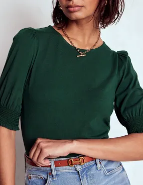 Short Sleeve Smocked Cuff Top-Green Pine MinimalistAesthetic Layered Hem Detailing