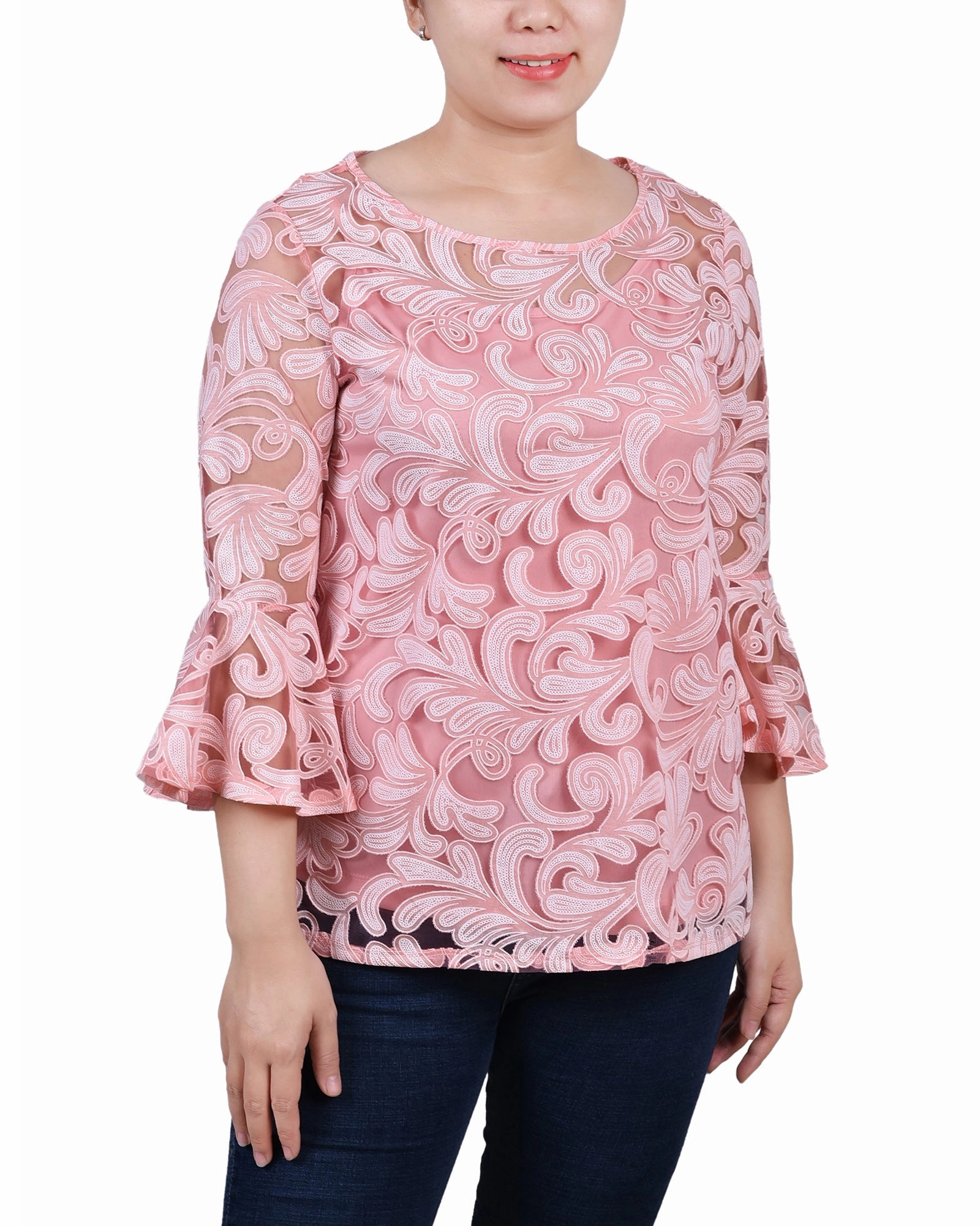 3/4 Sleeve Burnout Top With Matching Camisole High Neckline Structure PocketDetails