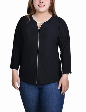 Layered Placket Design VentilatedMesh Plus Size 3/4 Sleeve Piped Top