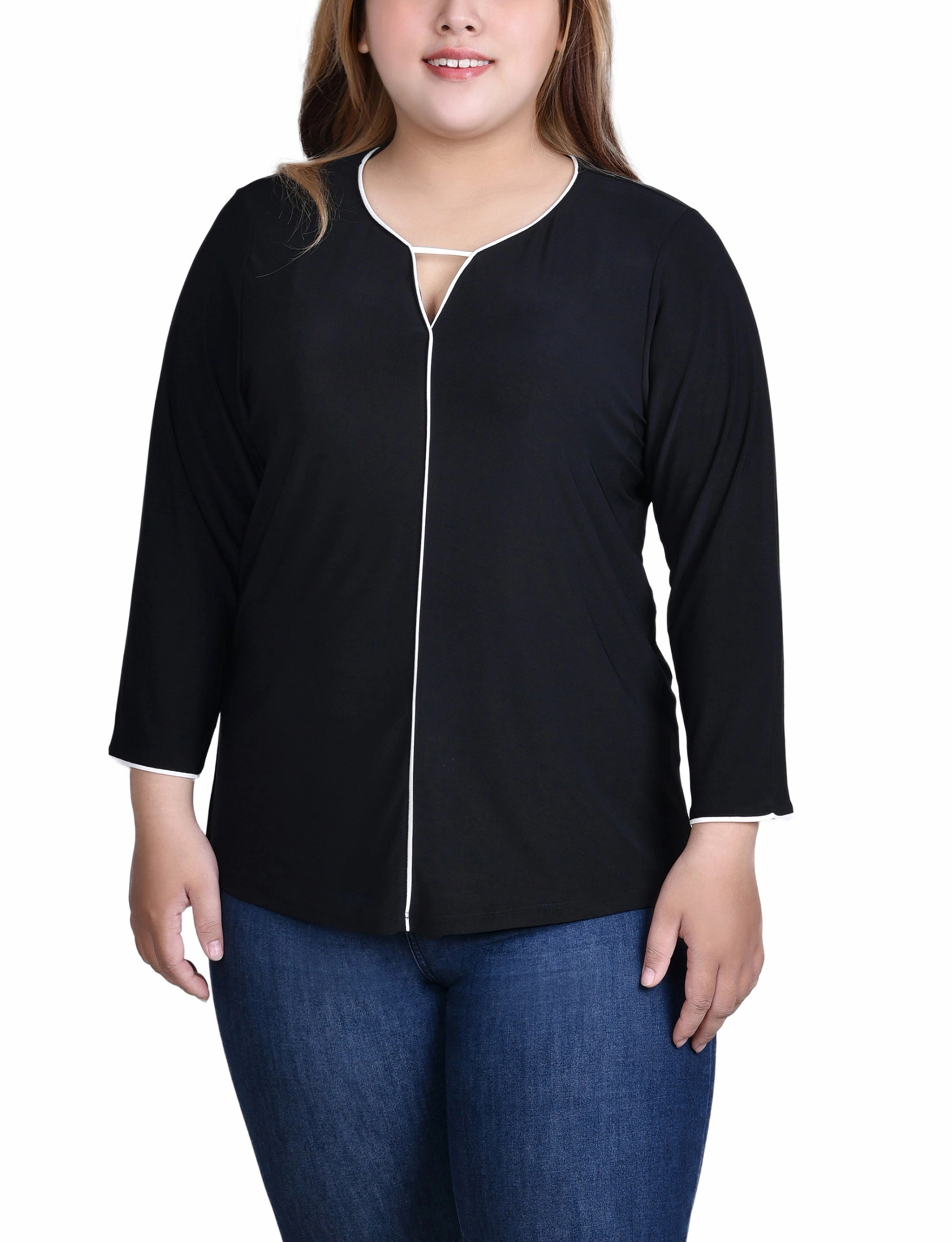 Layered Placket Design VentilatedMesh Plus Size 3/4 Sleeve Piped Top