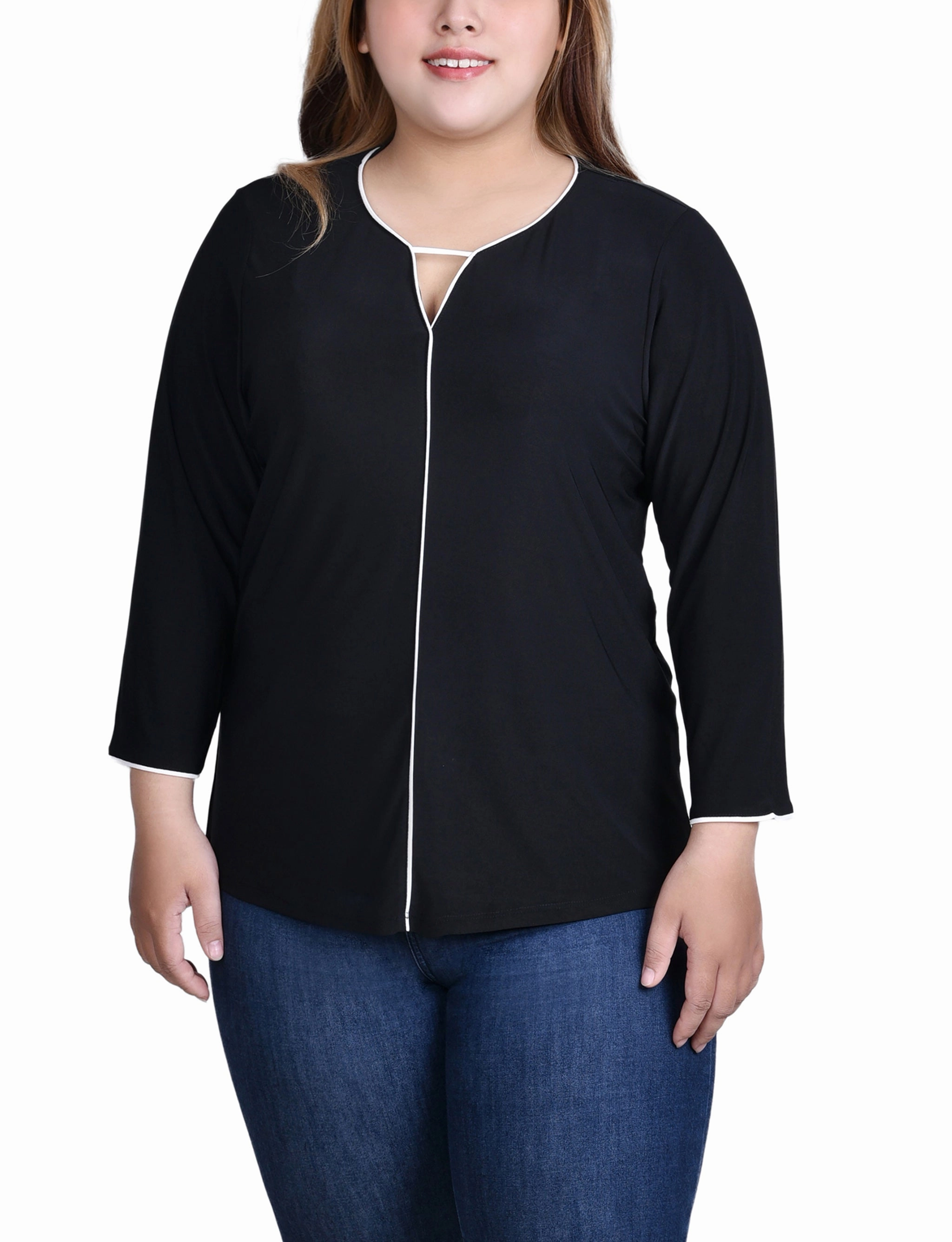 Plus Size 3/4 Sleeve Piped Top Casual Style Stretch Material