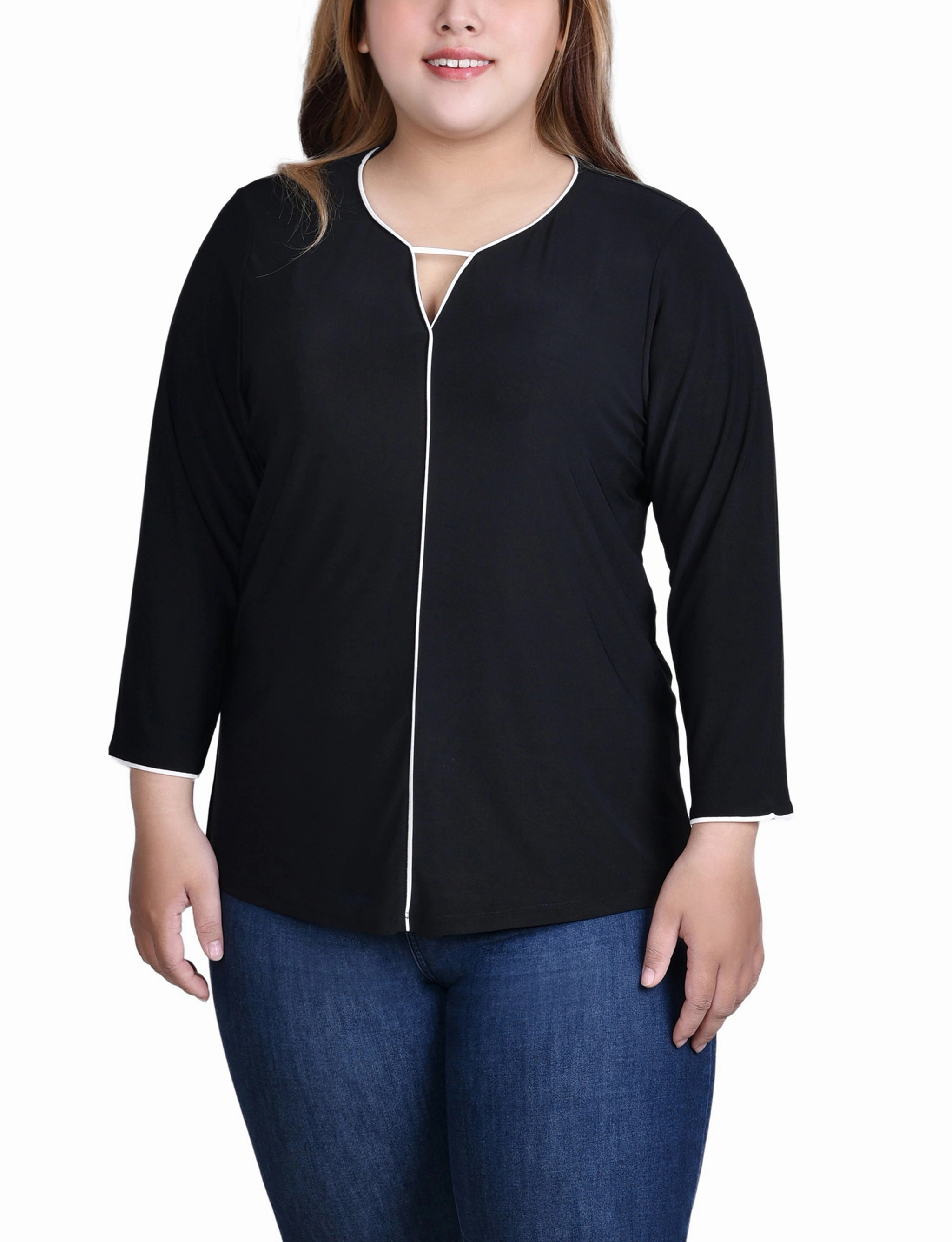 Breathable Ventilation BreathableMeshPanel Plus Size 3/4 Sleeve Piped Top