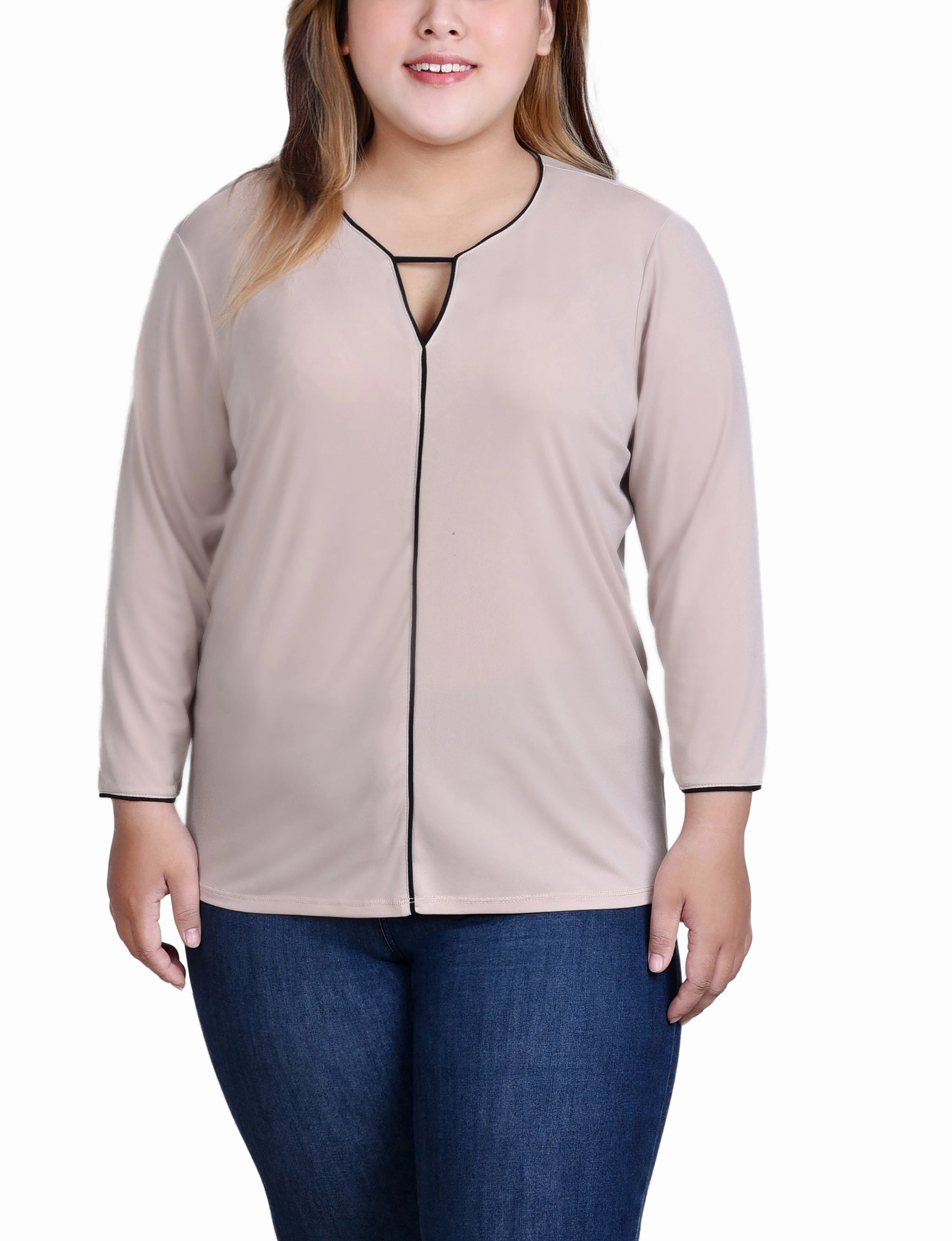 Plus Size 3/4 Sleeve Piped Top CompressionSupportWeave