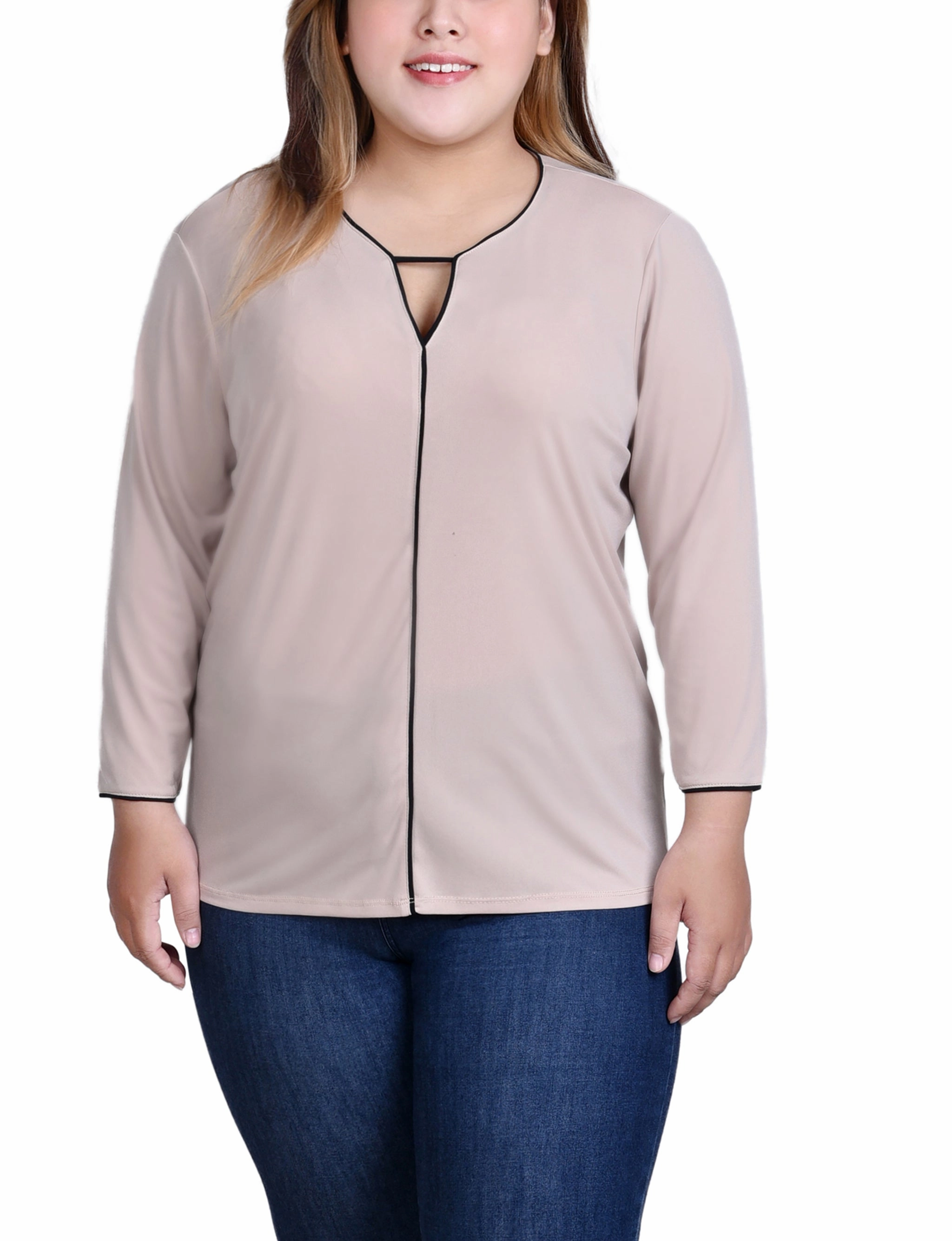 Plus Size 3/4 Sleeve Piped Top Stretchable Knit