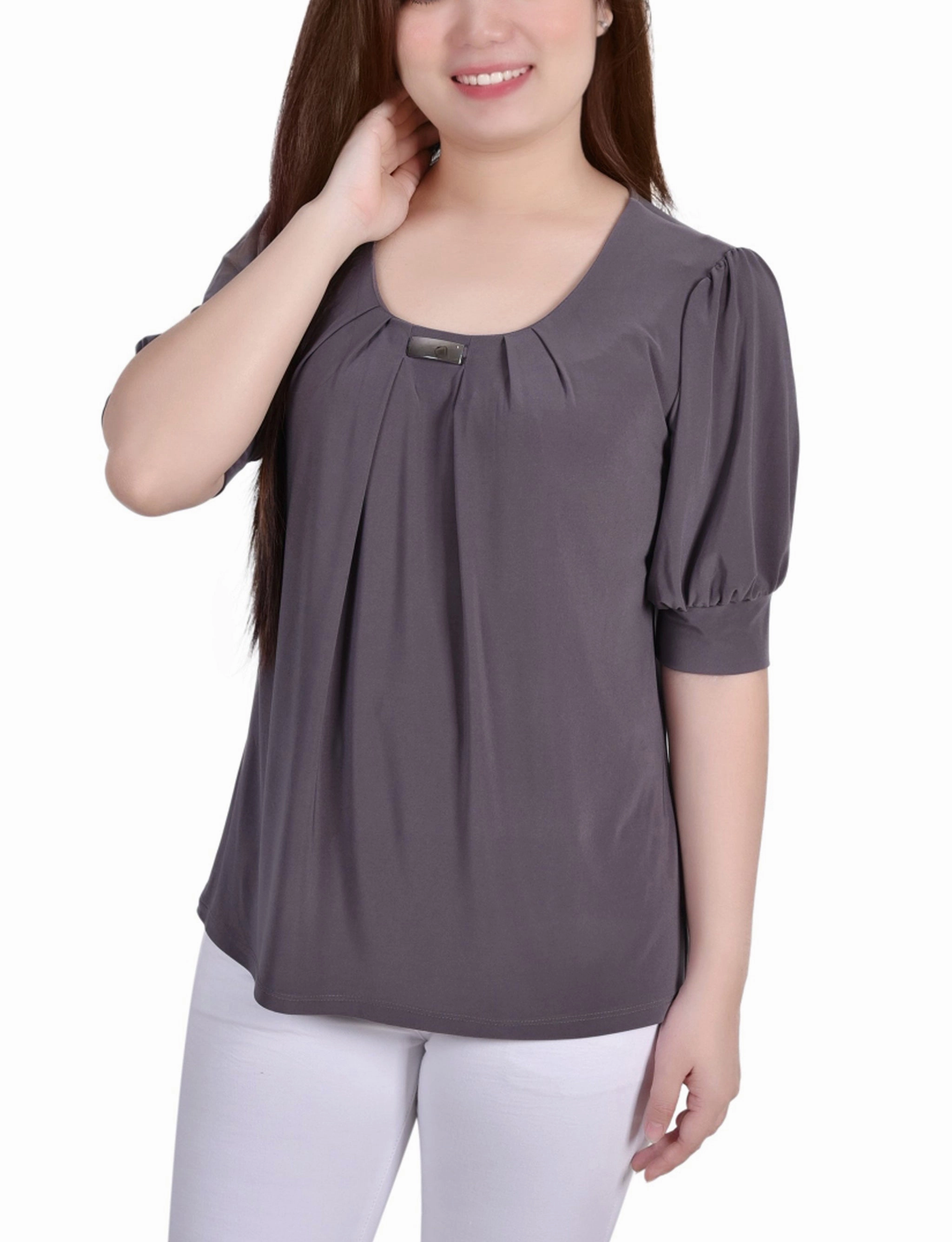 Short Sleeve Balloon Sleeve Top With Hardware Loose Blouse