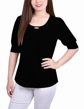 Breathable Construction Fashion Blouse Short Sleeve Balloon Sleeve Top With Hardware