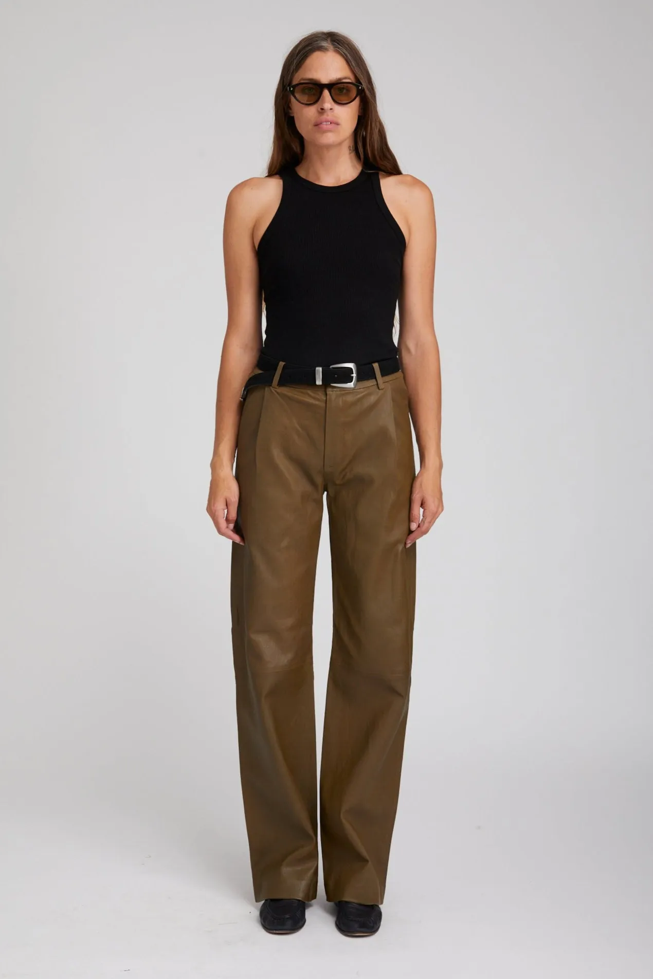 Non Tapered Leg Moss Leather Straight Leg Trousers