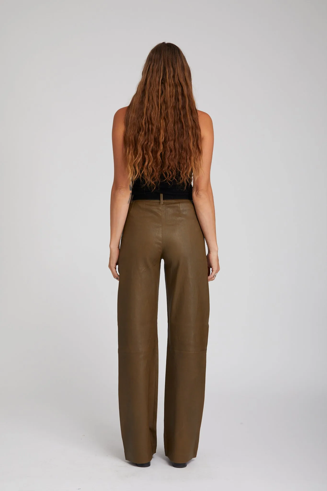 Seasonal Wear Functional Comfort Wear Moss Leather Straight Leg Trousers