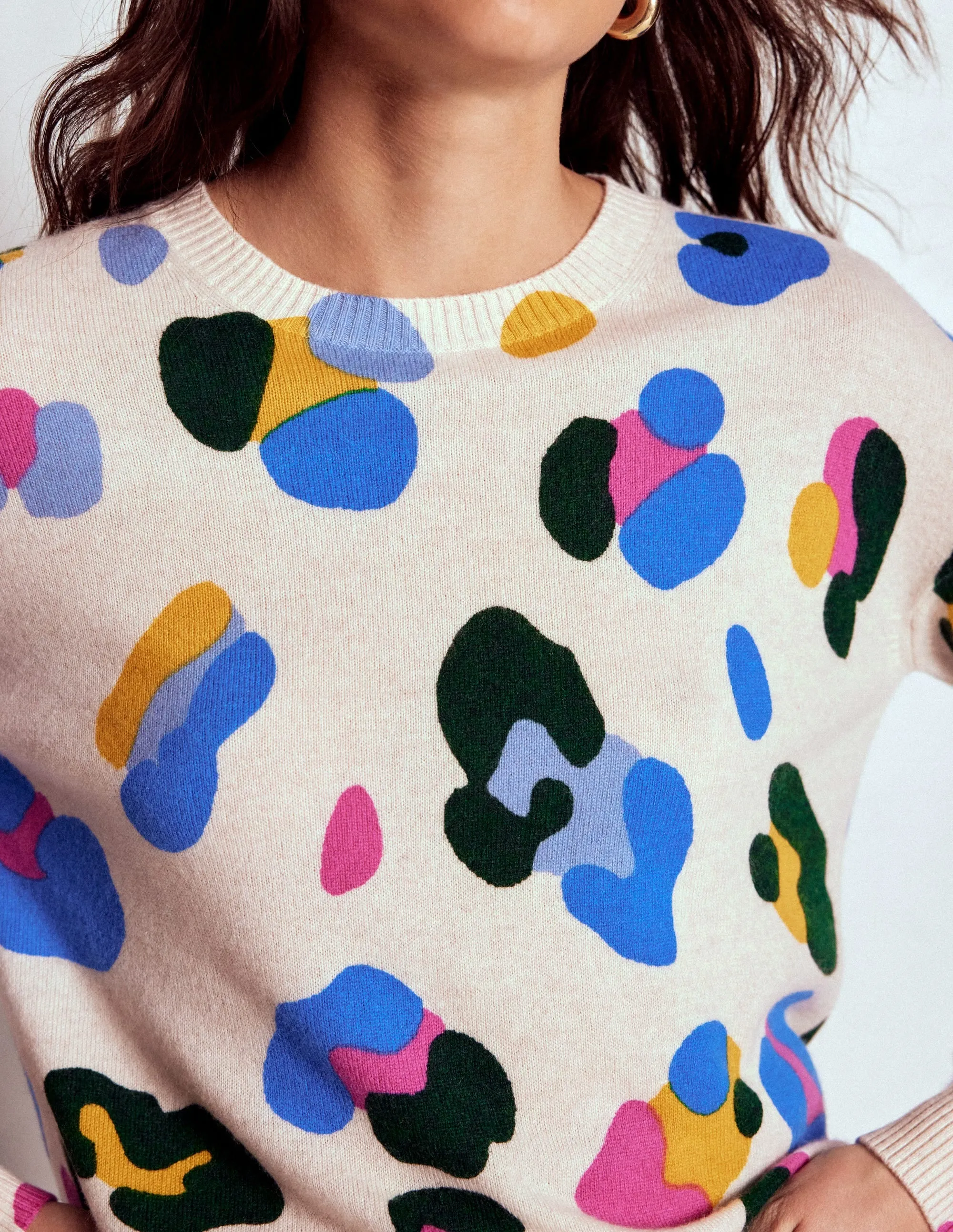 Lydia Cashmere Jumper-Warm Ivory, Leopard Neutral palette ShrinkageResistant Weave