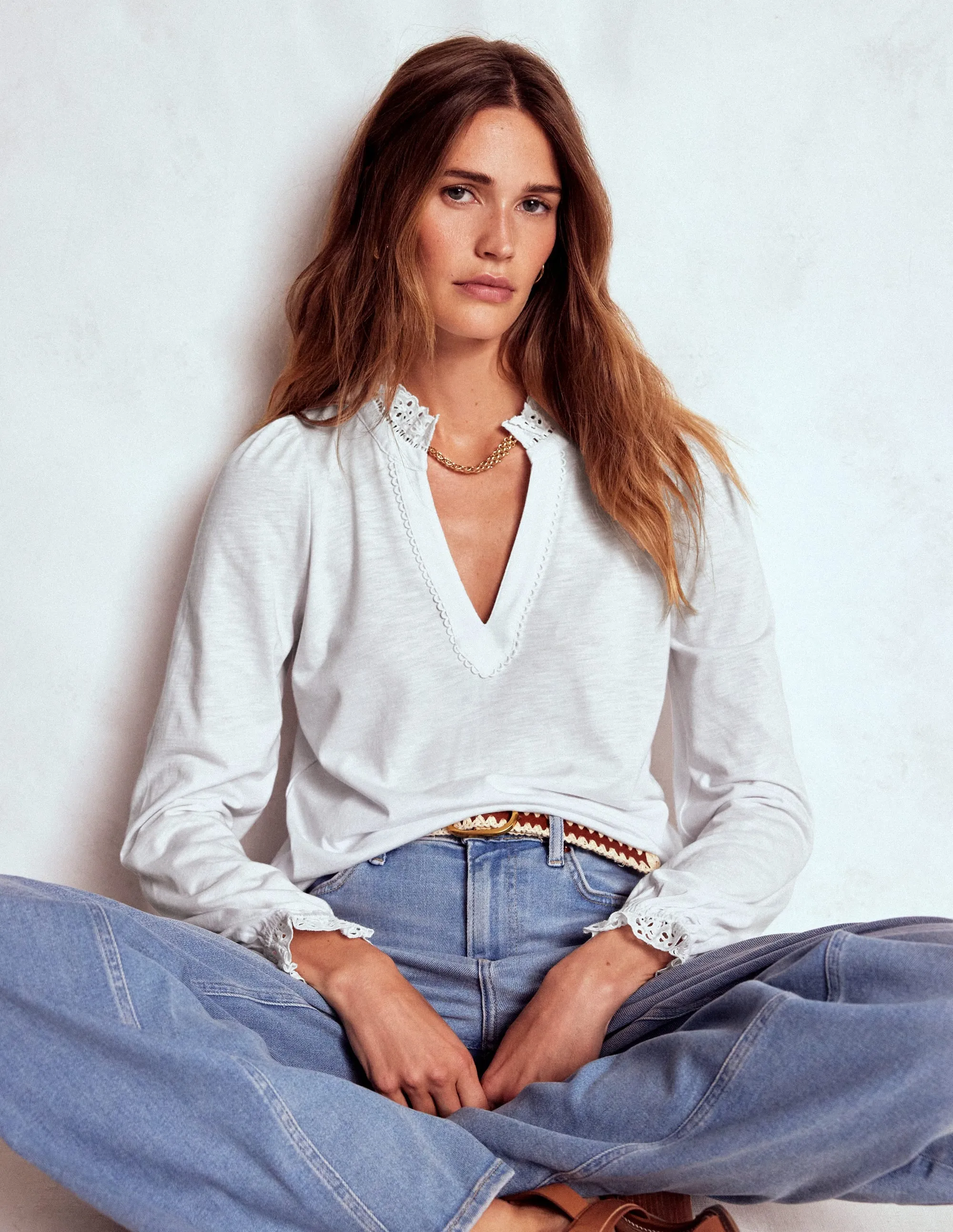 SustainableBlend YarnDye Technique Aria Broderie Notch Neck Top-White