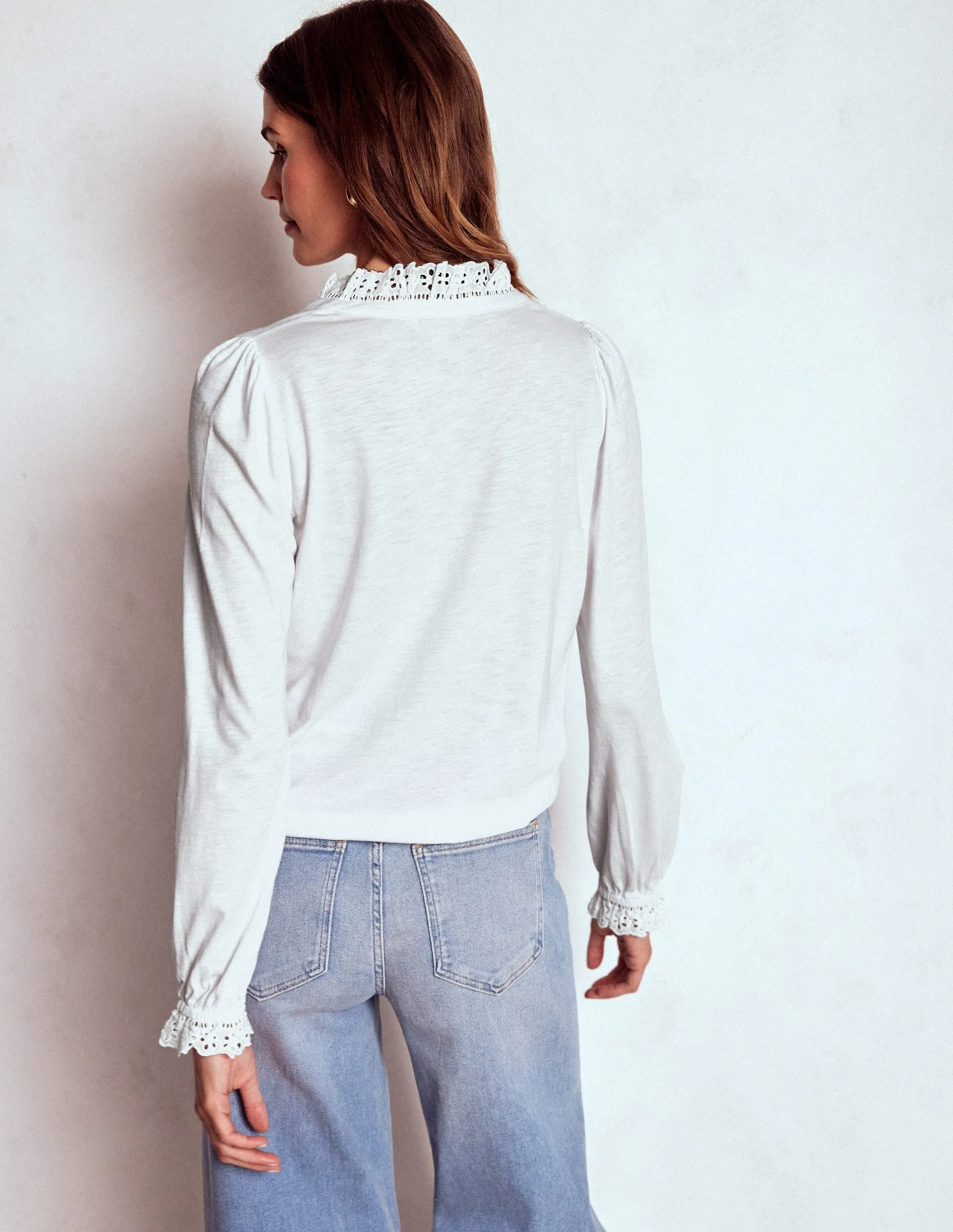 Aria Broderie Notch Neck Top-White Sheer Overlay Material FlexibleCuffs