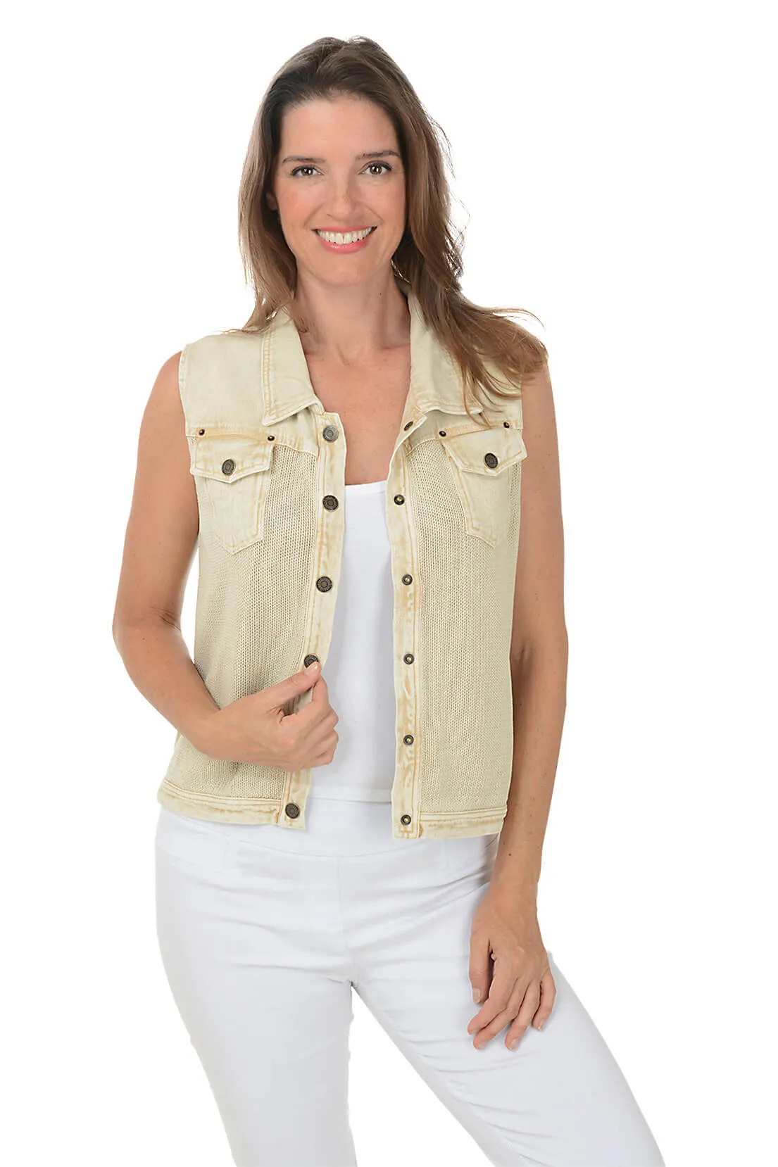 NonIrritating Seams Hidden Zipper Closure Button-Front Denim Sweater Vest
