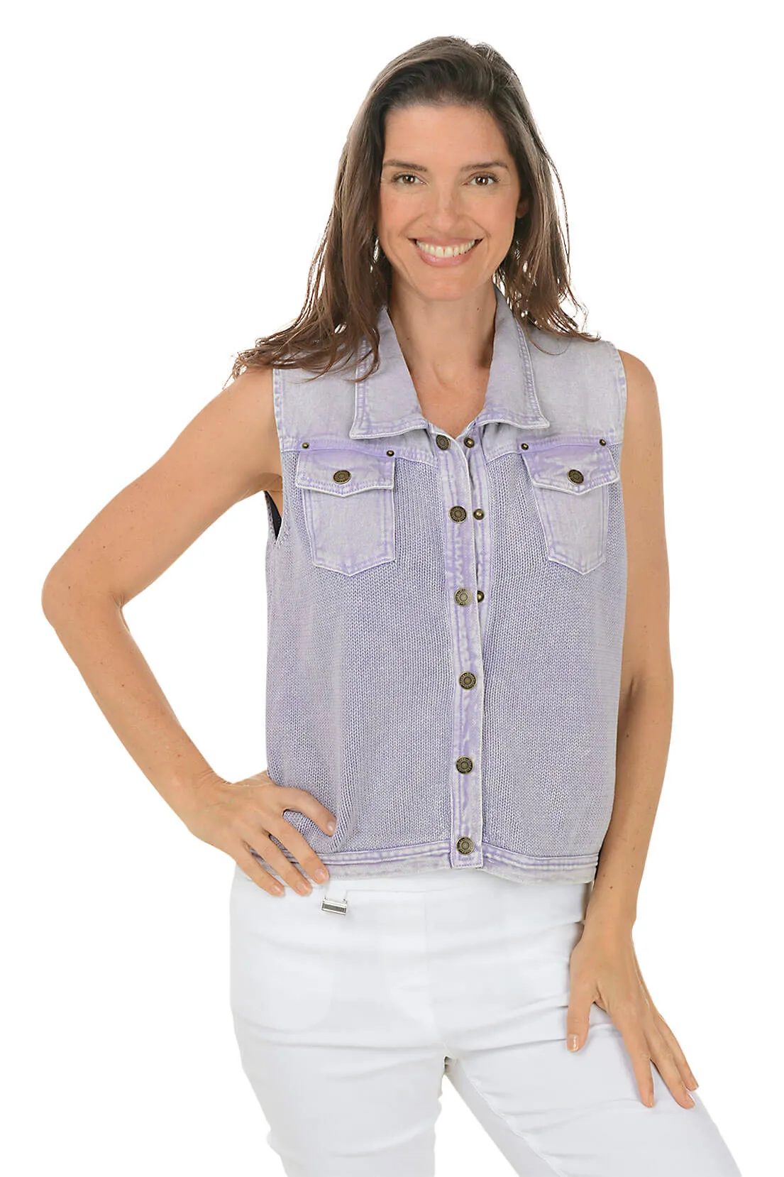 Button-Front Denim Sweater Vest Comfortable Design NonRestrictiveSilhouette