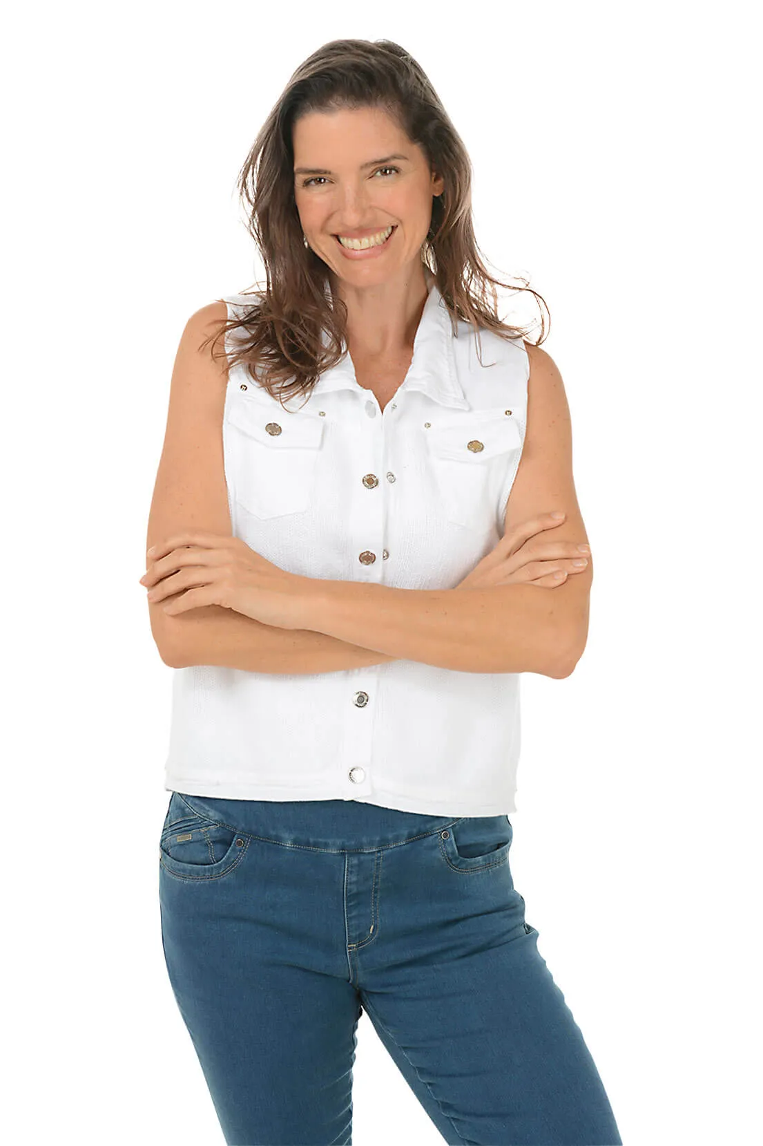 Modular Pocket Layout Tailored Seams Button-Front Denim Sweater Vest