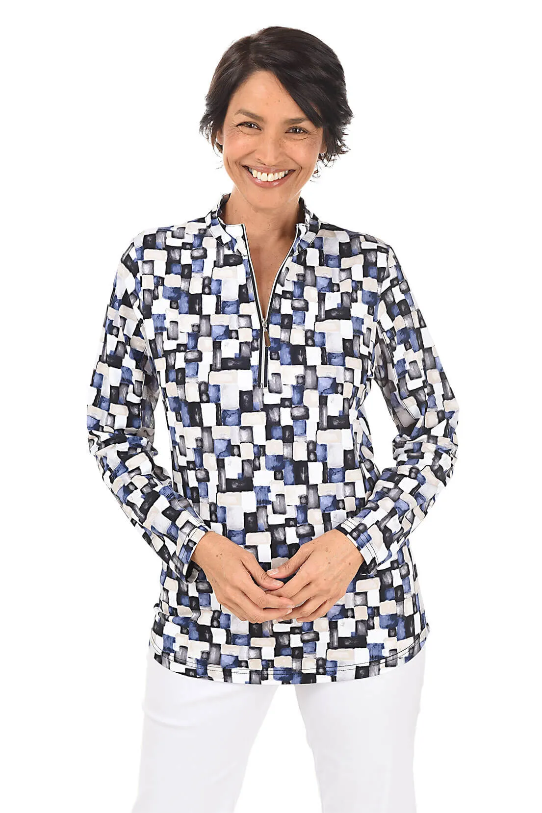 Ribbed Trim Neutral Cubes Cooling UPF50  Mock Neck Top