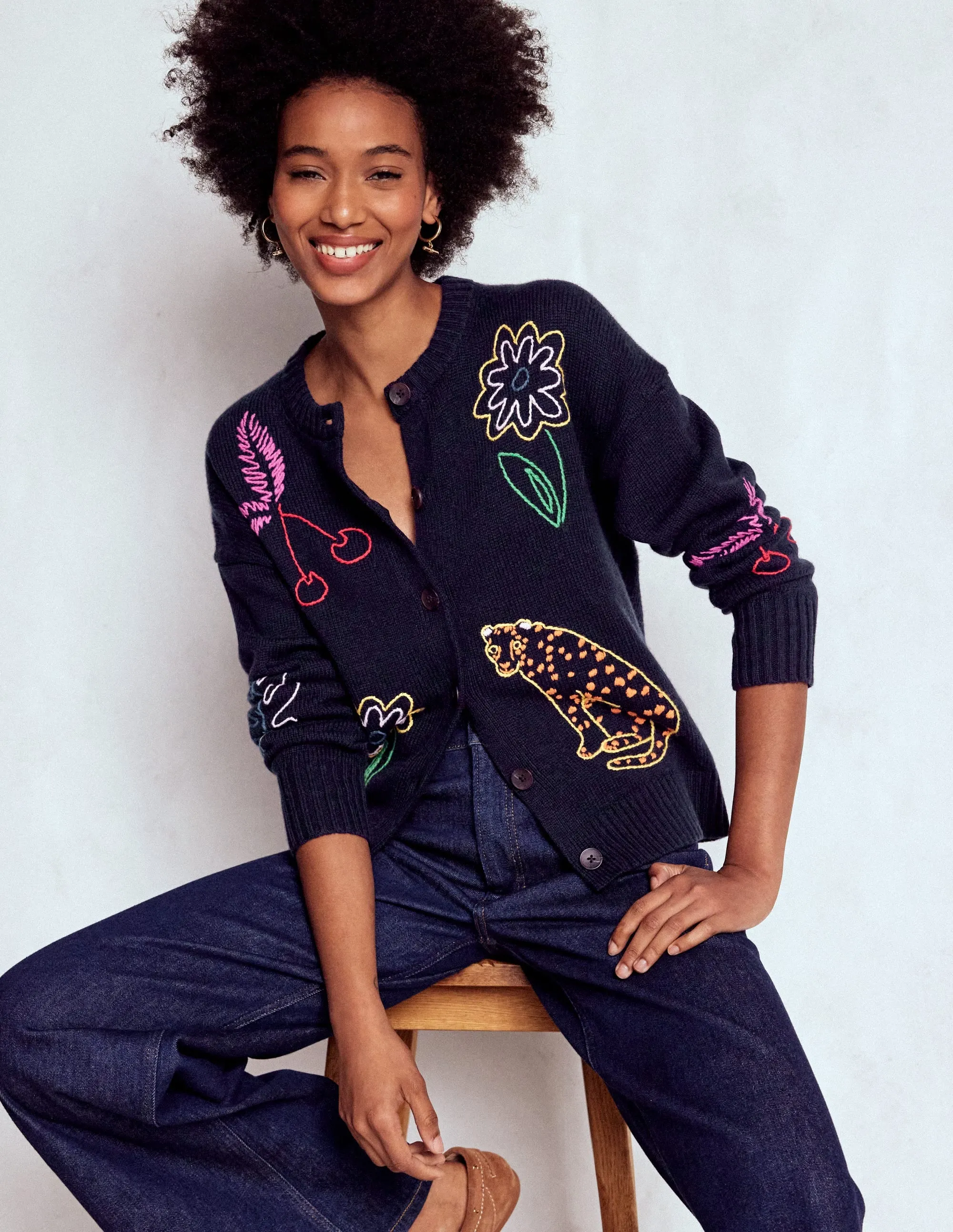 Natalie Embroidered Cardigan-Navy Embroidery Cold Comfort Daily Casual