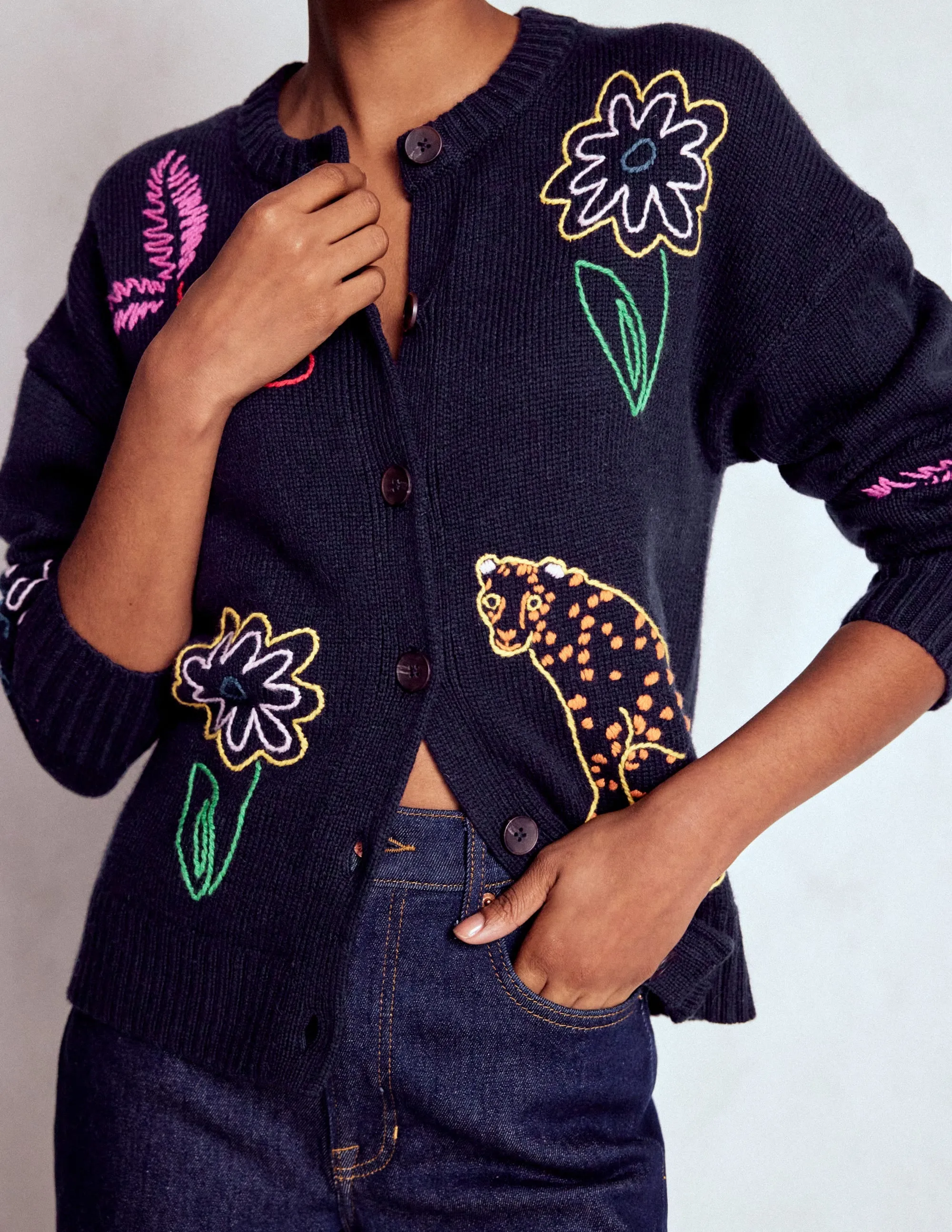 Natalie Embroidered Cardigan-Navy Embroidery Seam Free Urban Wear
