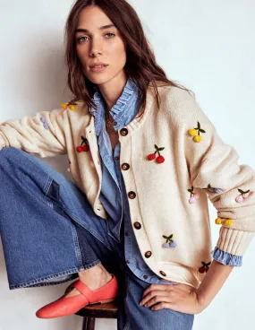 Work Friendly Natalie Embroidered Cardigan-Oatmeal Melange, Cherry