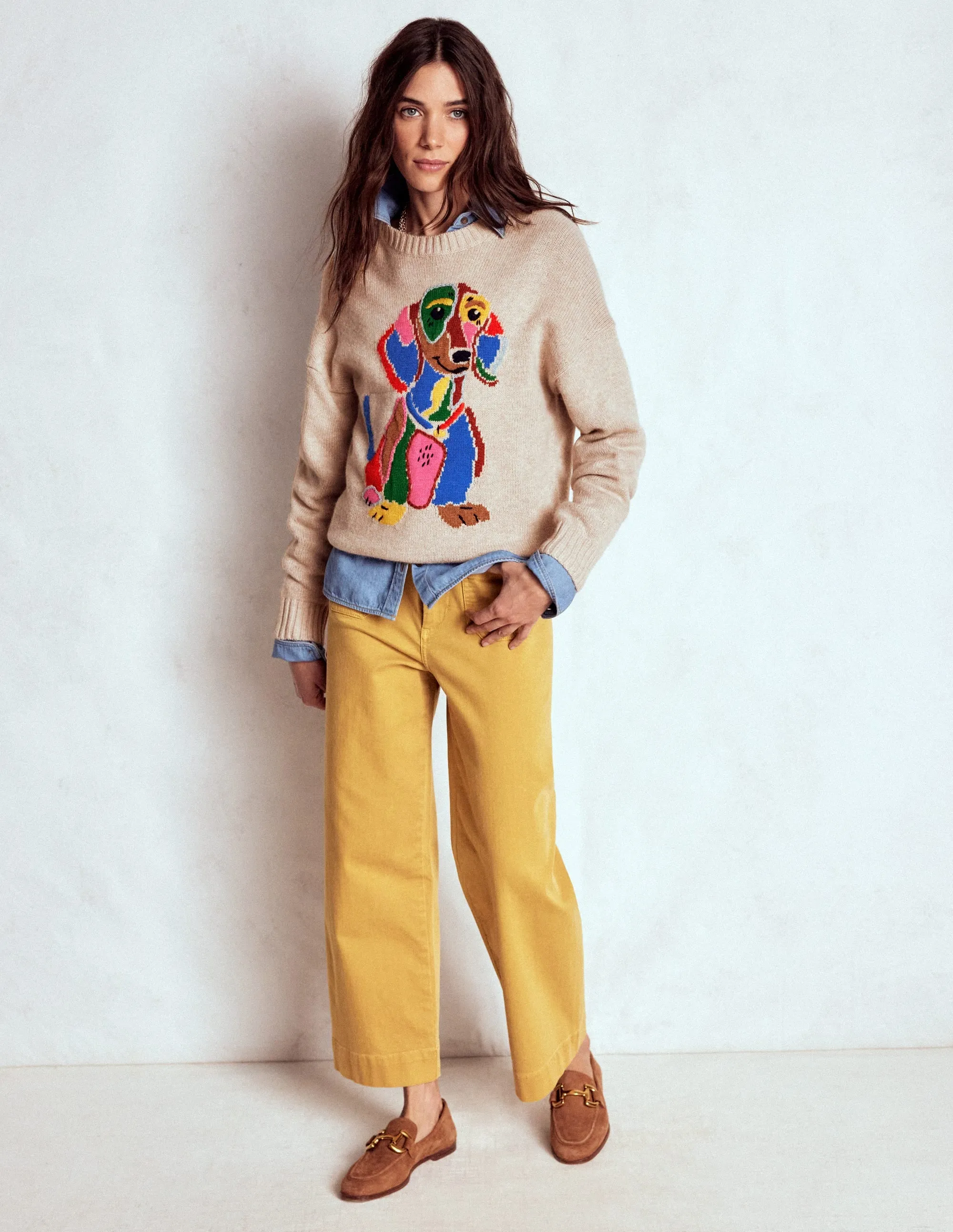 Natalie Embroidered Jumper-Oatmeal Melange, Daschund QuickDry Fibers