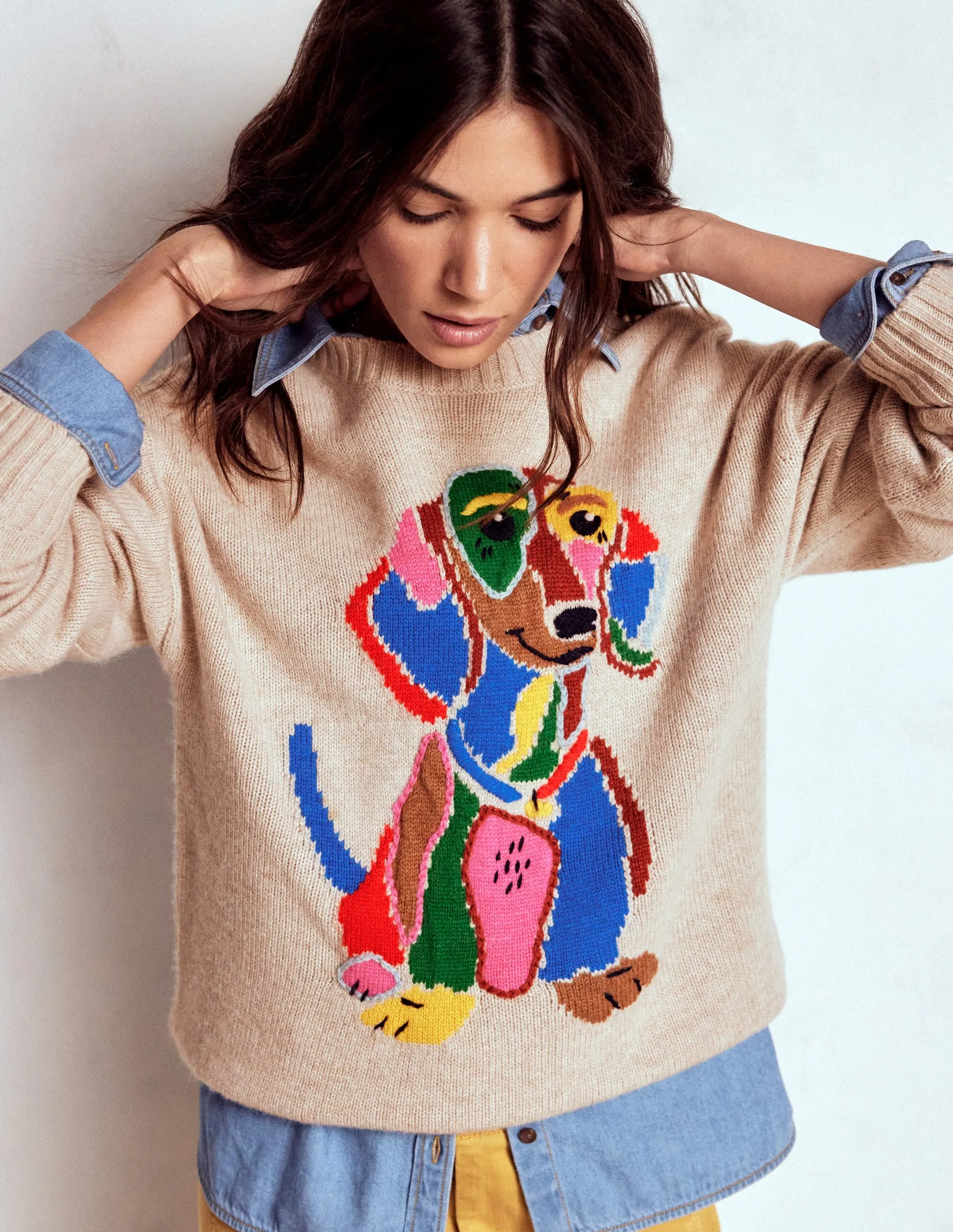 Recycled Polyester Yarn Workday Fit Natalie Embroidered Jumper-Oatmeal Melange, Daschund